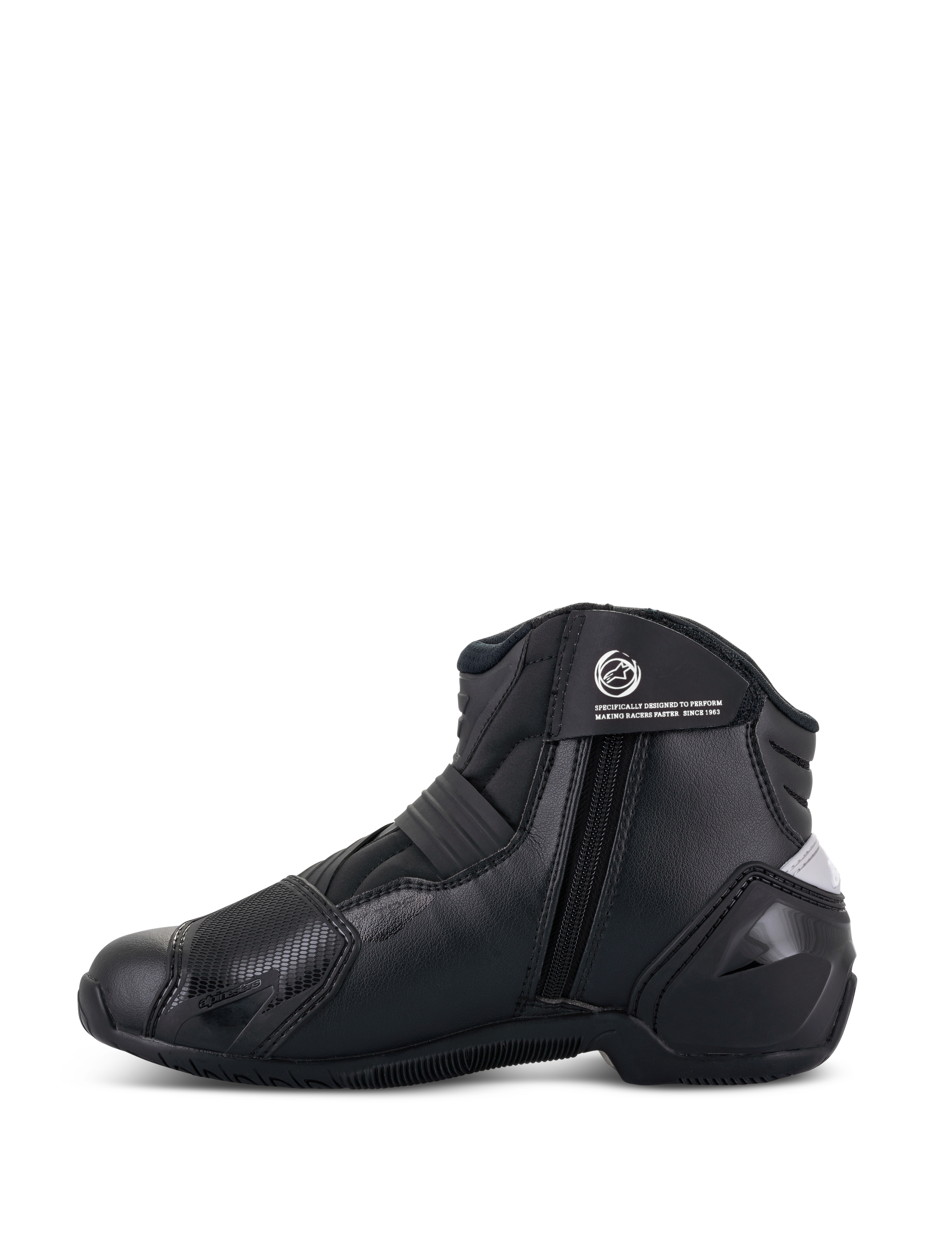 Alpinestars Stella SMX-1 R V2 damestøvler, sort, lavskåret præstationsstøvle til motorcykelkørsel, sideprofil der viser lynlåslukning, ankelrem med logo og mikrofiberkonstruktion med TPU-hælkappe