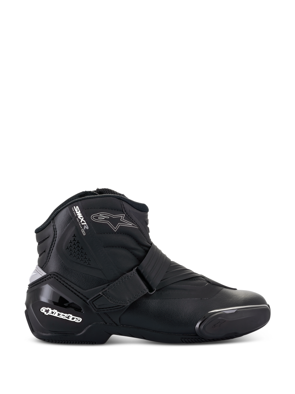 Alpinestars Stella SMX-1 R V2 støvler, lavskaftet motorcykelstøvle til damer, sort, sideprofil, mikrofiberkonstruktion, justerbar remlukning, forstærket TPU-hælkappe med hvidt logo, stjerne-logo, slidstærk gummisål