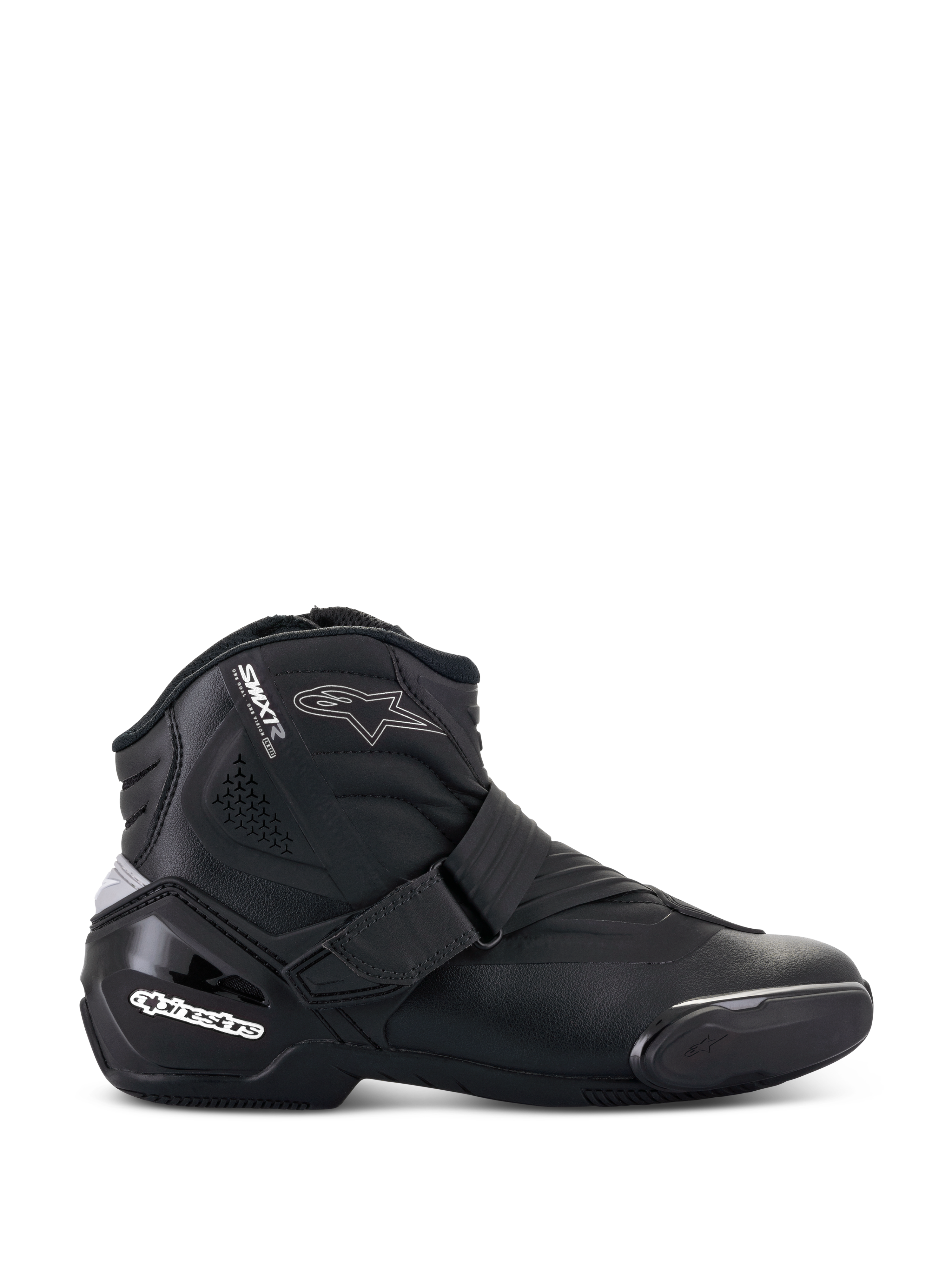 Alpinestars Stella SMX-1 R V2 støvler, lavskaftet motorcykelstøvle til damer, sort, sideprofil, mikrofiberkonstruktion, justerbar remlukning, forstærket TPU-hælkappe med hvidt logo, stjerne-logo, slidstærk gummisål