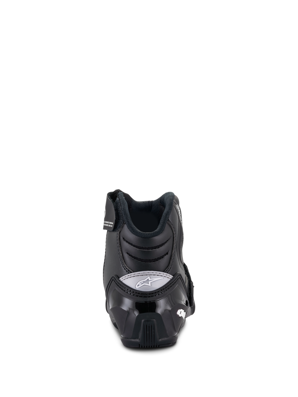 Alpinestars Stella SMX-1 R V2 støvler til damer, lavskaftede motorcykelstøvler, sort, set bagfra med forstærket TPU-hælkappe og gråt Alpinestars-logo, performance-fodtøj til kørsel