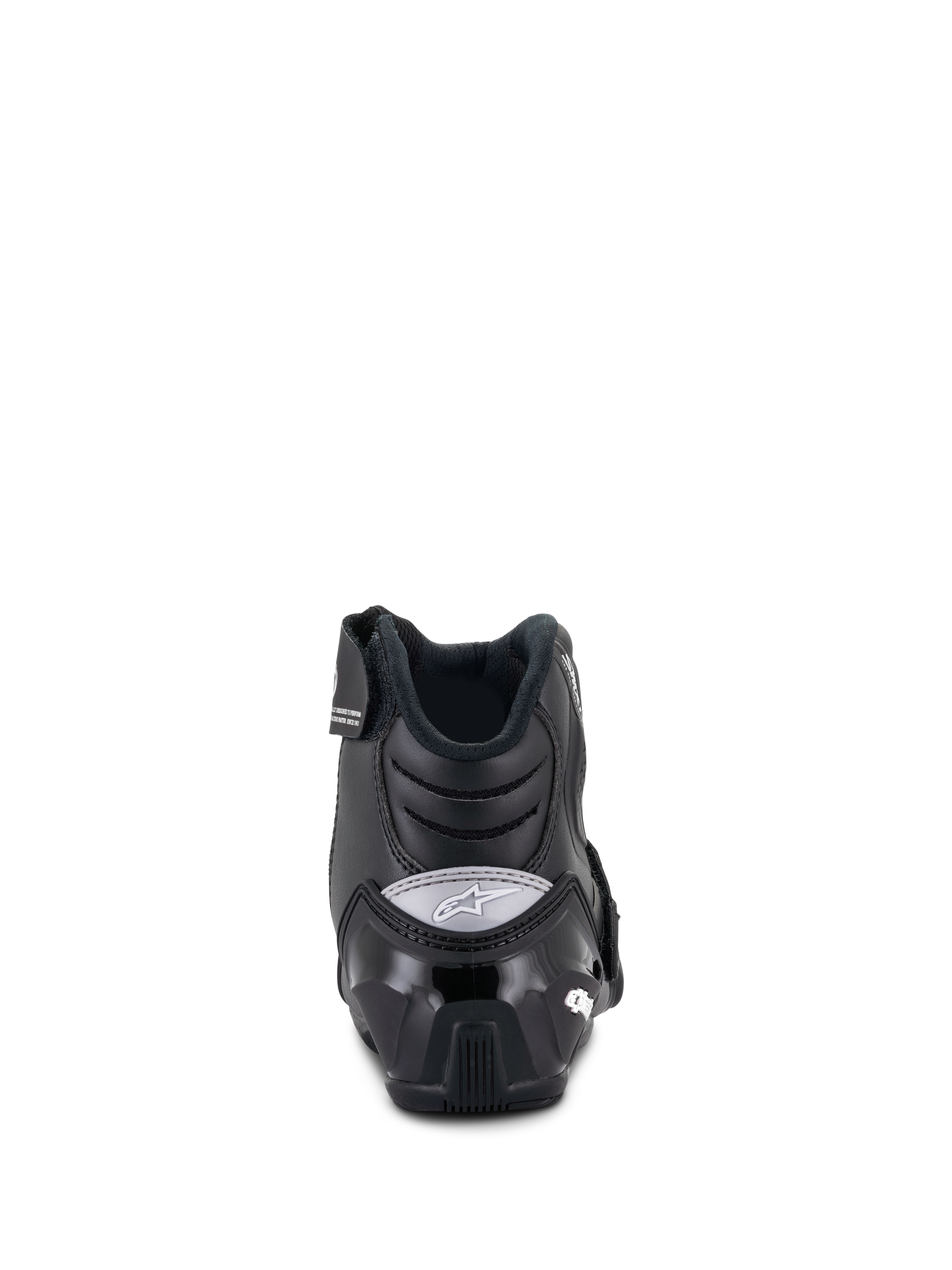 Alpinestars Stella SMX-1 R V2 støvler til damer, lavskaftede motorcykelstøvler, sort, set bagfra med forstærket TPU-hælkappe og gråt Alpinestars-logo, performance-fodtøj til kørsel