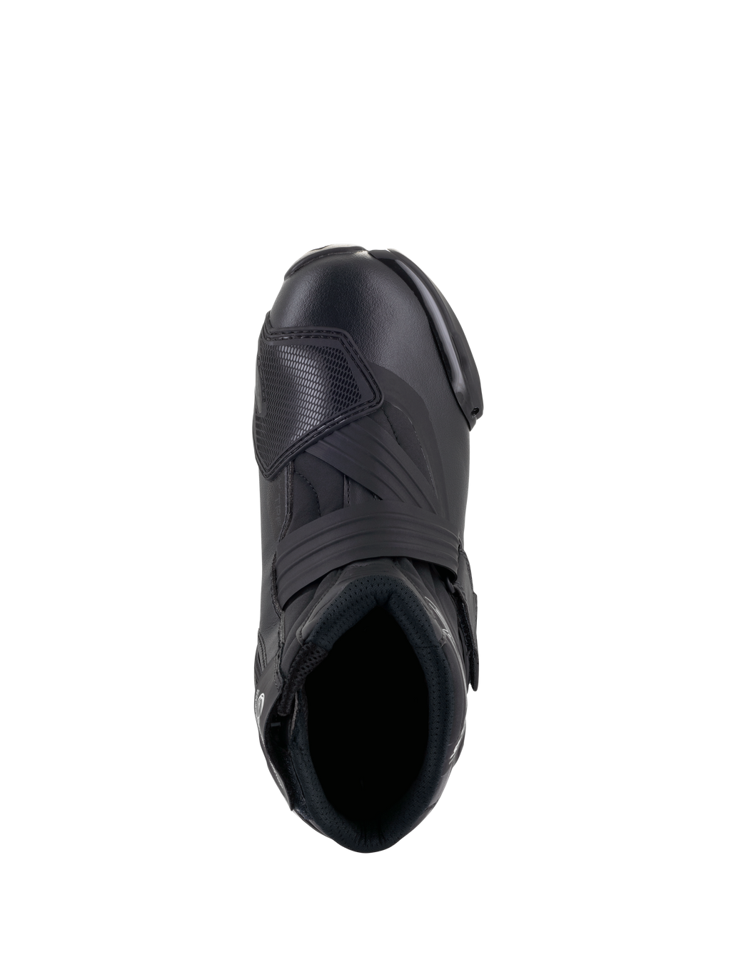 Alpinestars Stella SMX-1 R V2 damestøvler, lavskåret performance-motorcykelstøvle i sort, set oppefra, der viser fodåbning, vristrem og tekstureret TPU-gearskifteplade, strømlinet mikrofiberkonstruktion