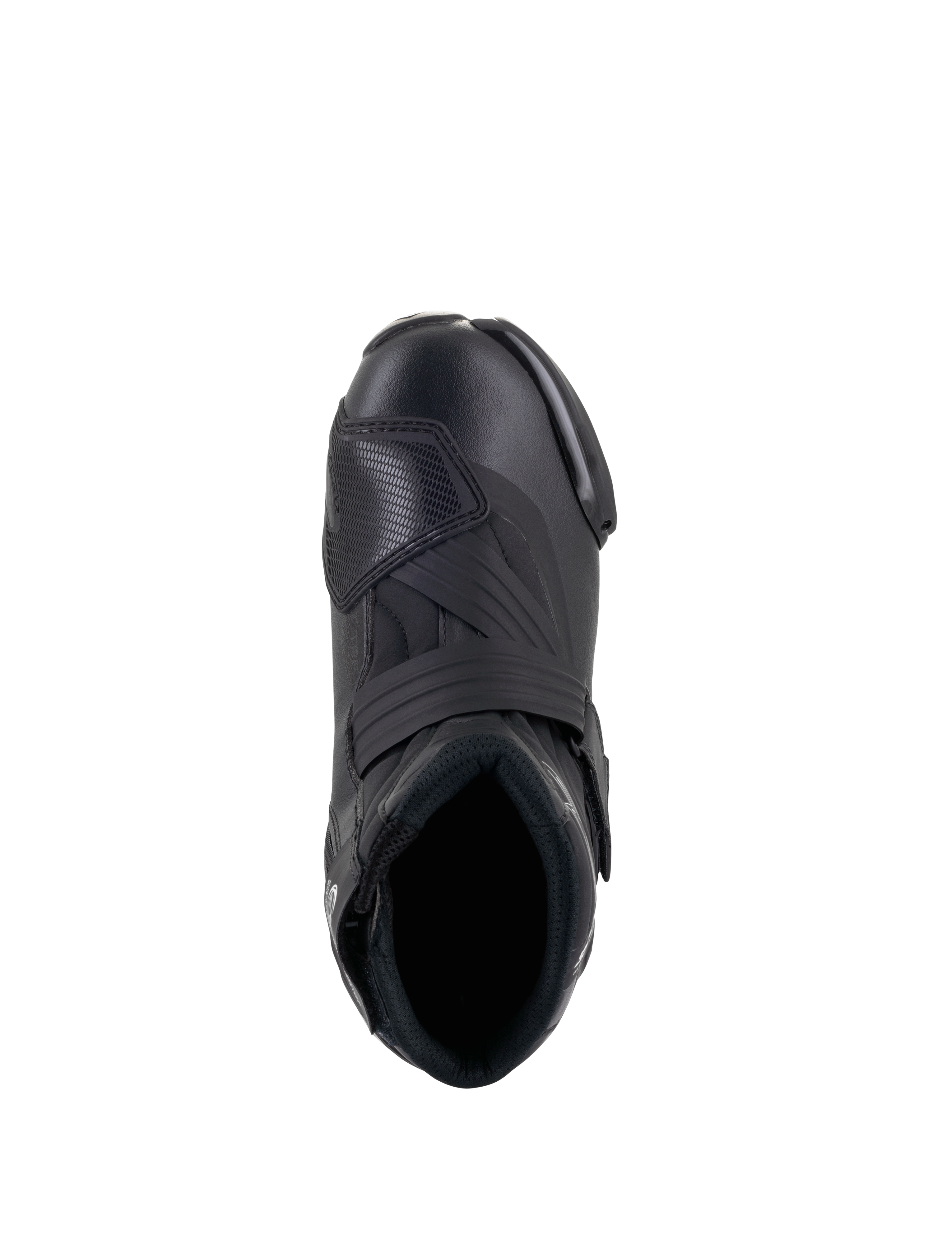 Alpinestars Stella SMX-1 R V2 damestøvler, lavskåret performance-motorcykelstøvle i sort, set oppefra, der viser fodåbning, vristrem og tekstureret TPU-gearskifteplade, strømlinet mikrofiberkonstruktion