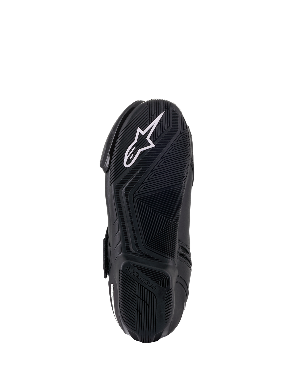 Alpinestars Stella SMX-1 R V2 damestøvler, sort, visning af undersiden af gummiblandingssålen, med et mønster med højt greb og hvidt Alpinestars stjernelogo, performance motorcykelfodtøj