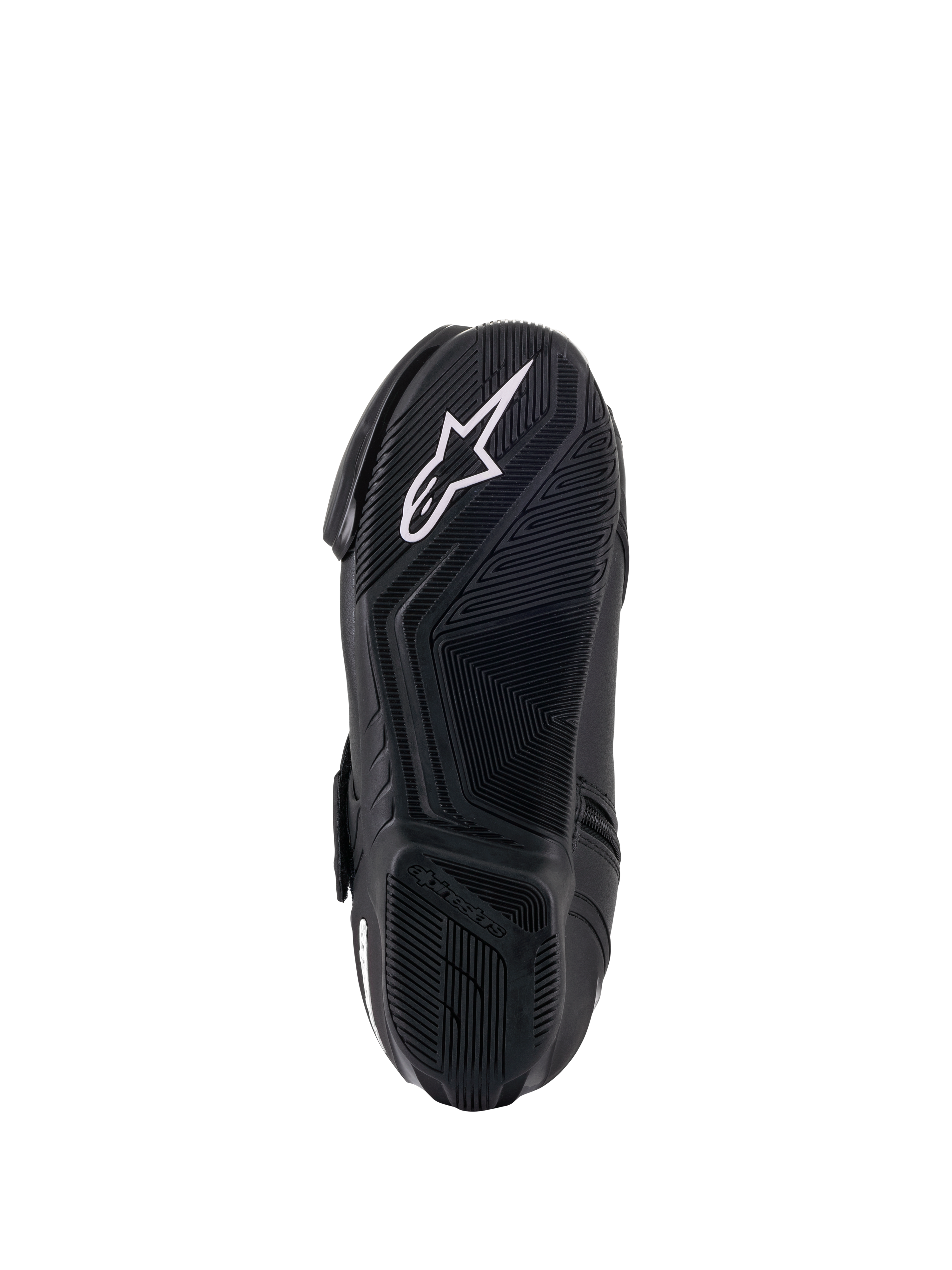 Alpinestars Stella SMX-1 R V2 damestøvler, sort, visning af undersiden af gummiblandingssålen, med et mønster med højt greb og hvidt Alpinestars stjernelogo, performance motorcykelfodtøj
