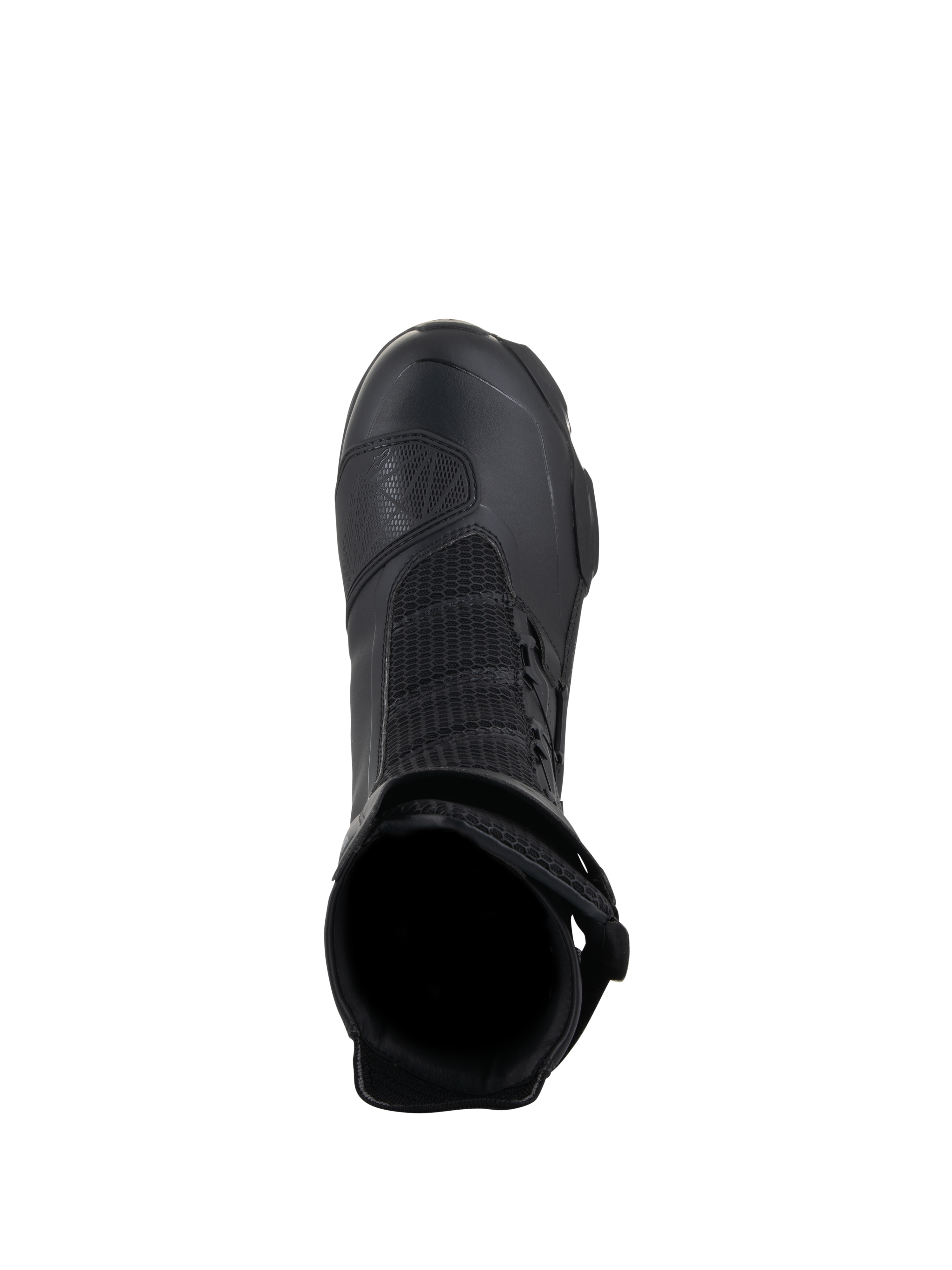 Alpinestars SP-X BOA Drystar Boots, Sport Touring Motorcycle Boots, Black, top-down view showing the interior opening, mesh paneling, and TPU shift pad, designed for waterproof performance and rider comfort