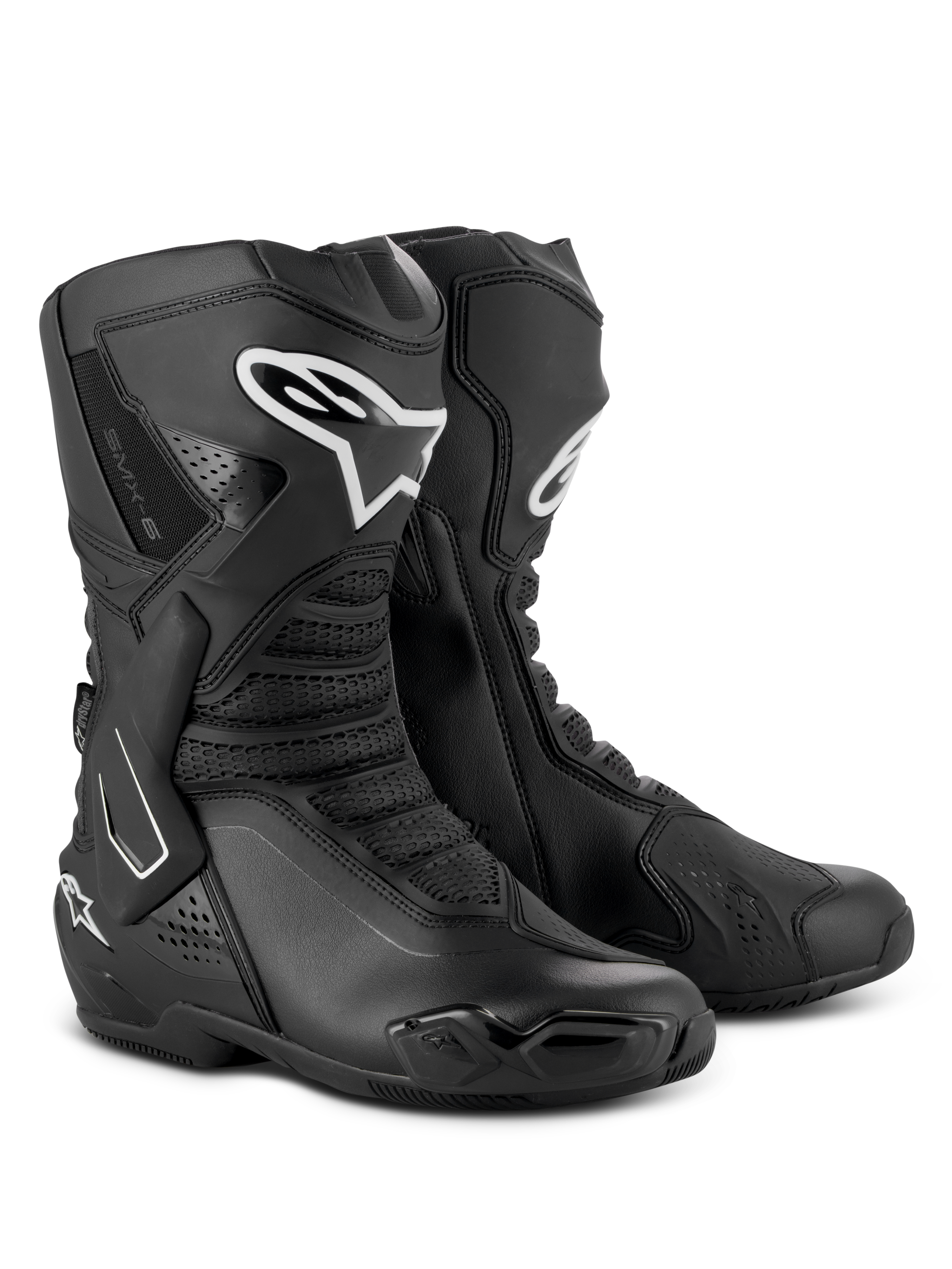 Alpinestars SMX-6 V3 Drystar® støvler, performance motorcykelstøvler, sort, med TPU-skinnebensbeskyttere med hvidt Alpinestars-logo, udskiftelige tå-sliders og avanceret mikrofiberkonstruktion, sports- og gadekørselsudstyr