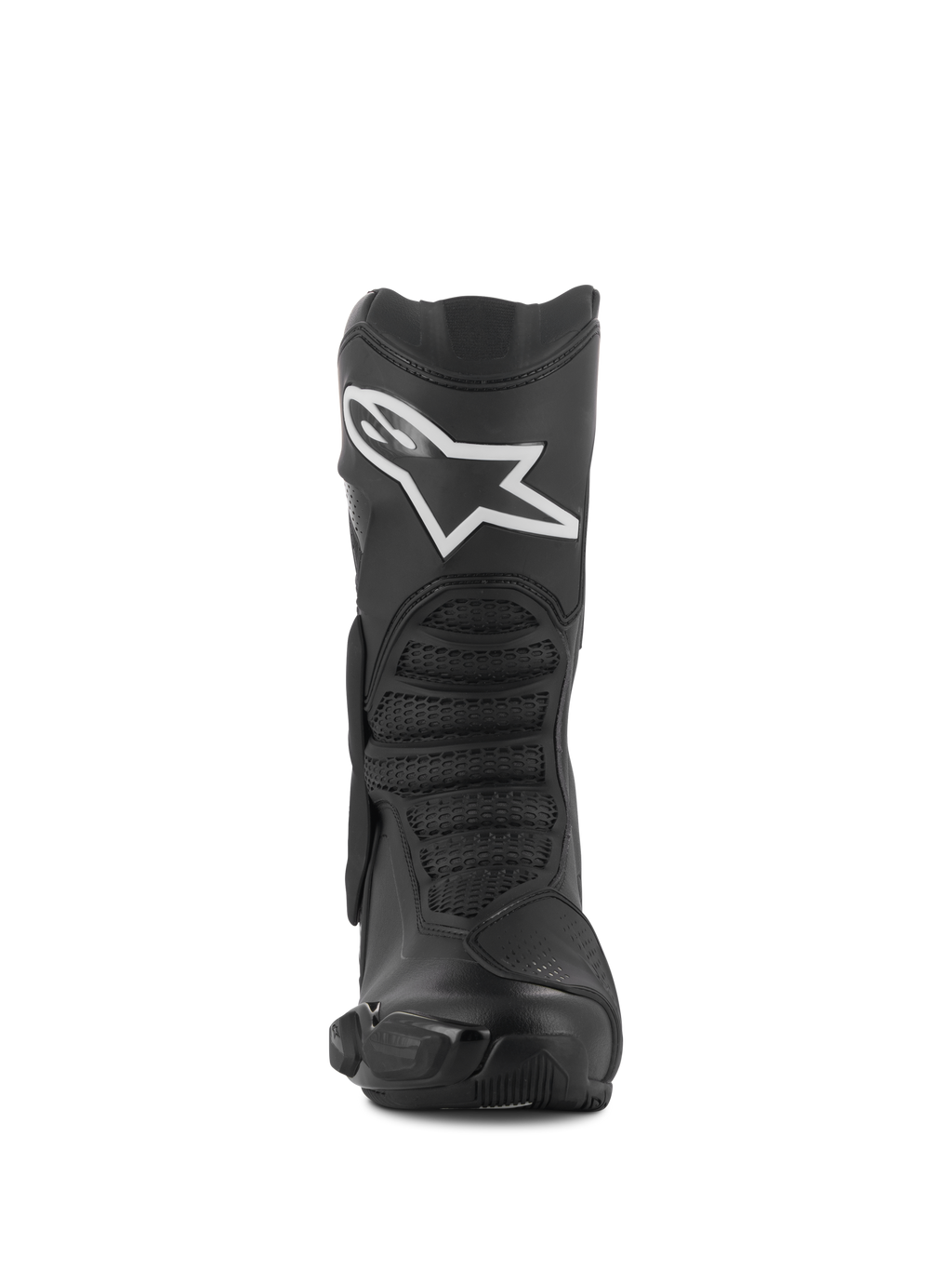 Alpinestars SMX-6 V3 Drystar® støvler, sort, set forfra, sports- og performance-kørestøvler med hvidt Alpinestars-logo på skinnebenet, TPU-beskyttere og teksturerede flekszoner