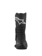 Alpinestars SMX-6 V3 Drystar® støvler, sort, set forfra, sports- og performance-kørestøvler med hvidt Alpinestars-logo på skinnebenet, TPU-beskyttere og teksturerede flekszoner