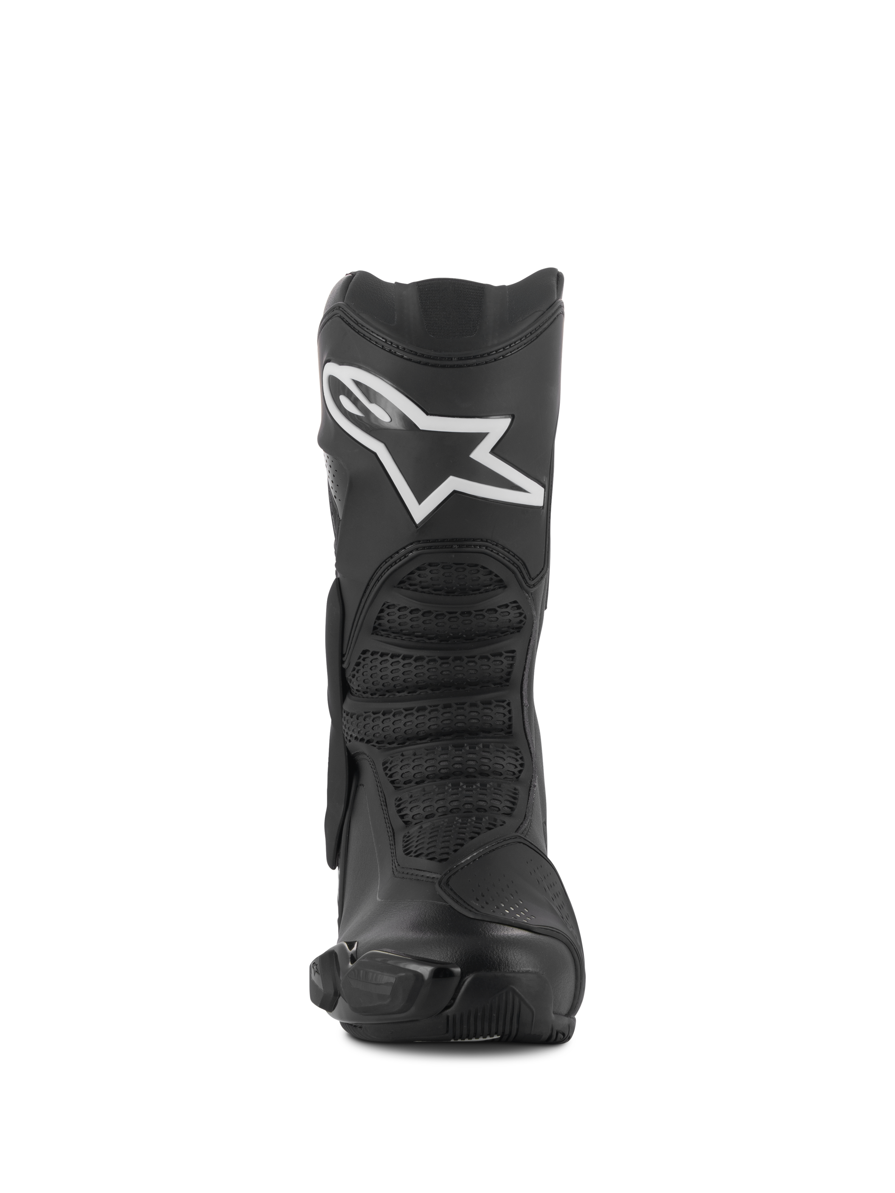 Alpinestars SMX-6 V3 Drystar® støvler, sort, set forfra, sports- og performance-kørestøvler med hvidt Alpinestars-logo på skinnebenet, TPU-beskyttere og teksturerede flekszoner