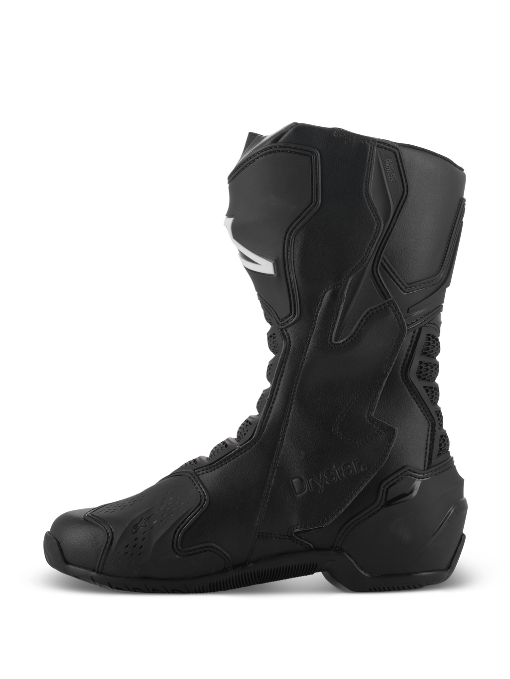 Alpinestars SMX-6 V3 Drystar® støvler, sorte performance-motorcykelstøvler, sideprofil der viser high-cut mikrofiberkonstruktion, beskyttende TPU-paneler og Drystar-branding