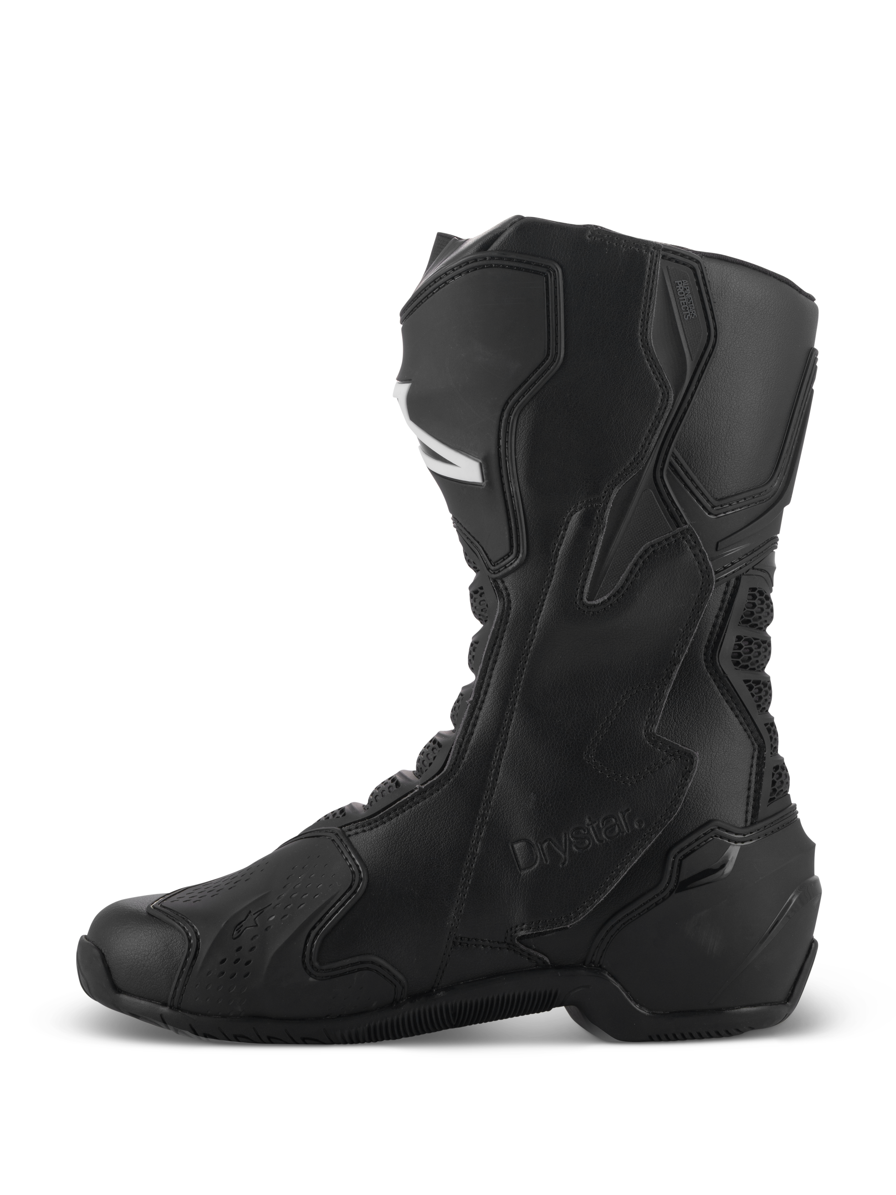 Alpinestars SMX-6 V3 Drystar® støvler, sorte performance-motorcykelstøvler, sideprofil der viser high-cut mikrofiberkonstruktion, beskyttende TPU-paneler og Drystar-branding