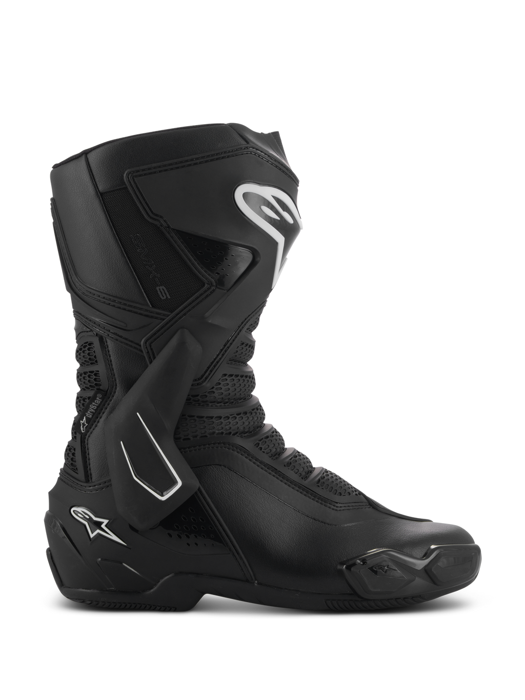 Alpinestars SMX-6 V3 Drystar-støvler, sorte performance-motorcykelstøvler vist fra siden, med hvide logodetaljer, TPU lateral ankelstøtte, forstærket skinnebensplade og fleksible mesh-paneler.