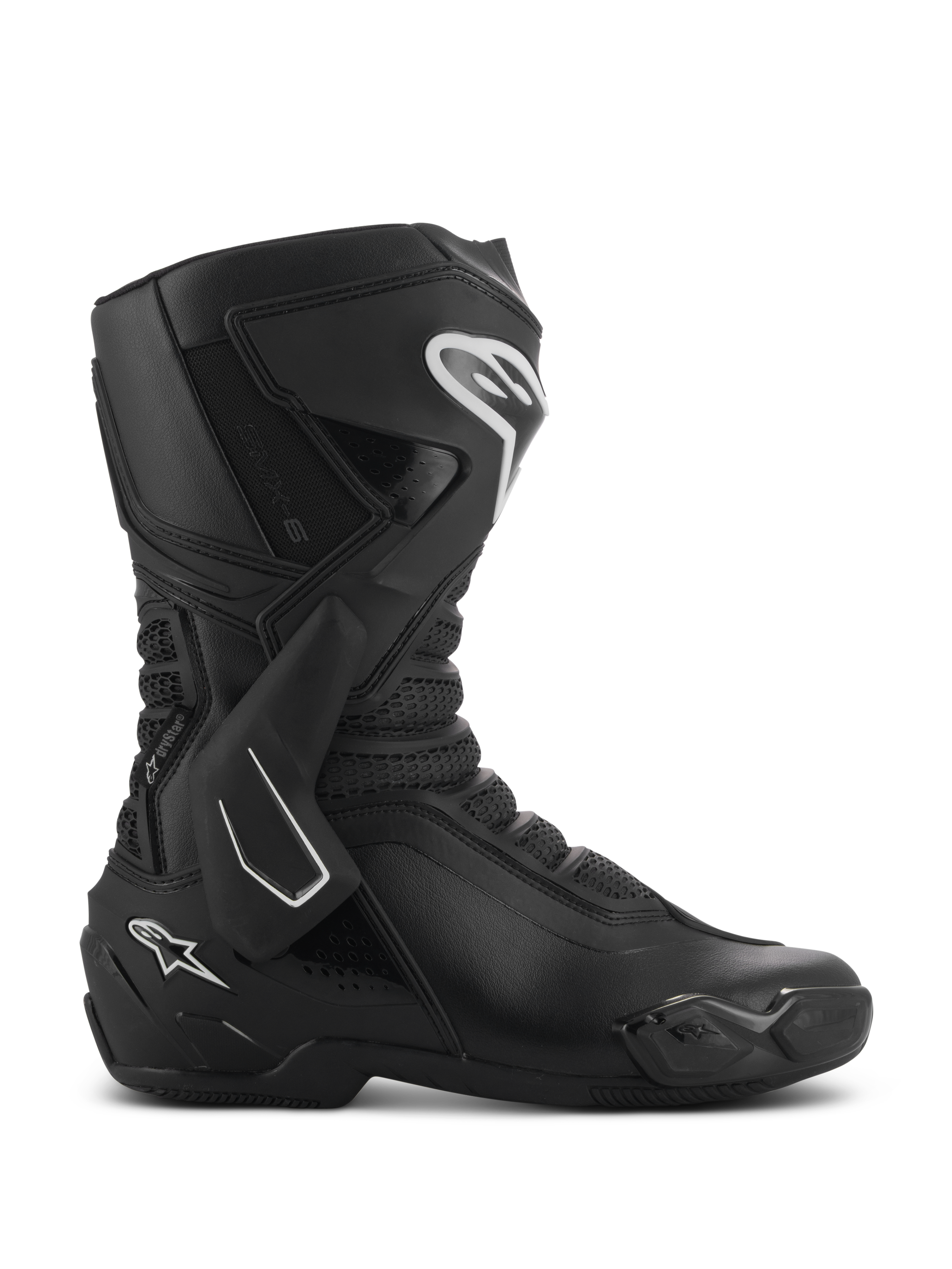 Alpinestars SMX-6 V3 Drystar-støvler, sorte performance-motorcykelstøvler vist fra siden, med hvide logodetaljer, TPU lateral ankelstøtte, forstærket skinnebensplade og fleksible mesh-paneler.