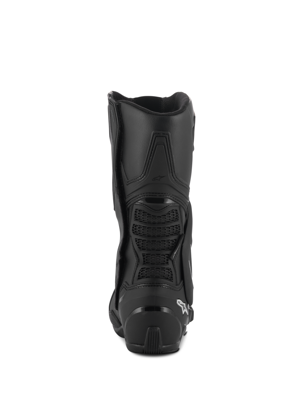 Alpinestars SMX-6 V3 Drystar® støvler, performance-kørselsstøvler, sort, set bagfra med TPU-hælbeskytter og bagerste læg-bro med mesh-detalje, hvidt logo på hælen