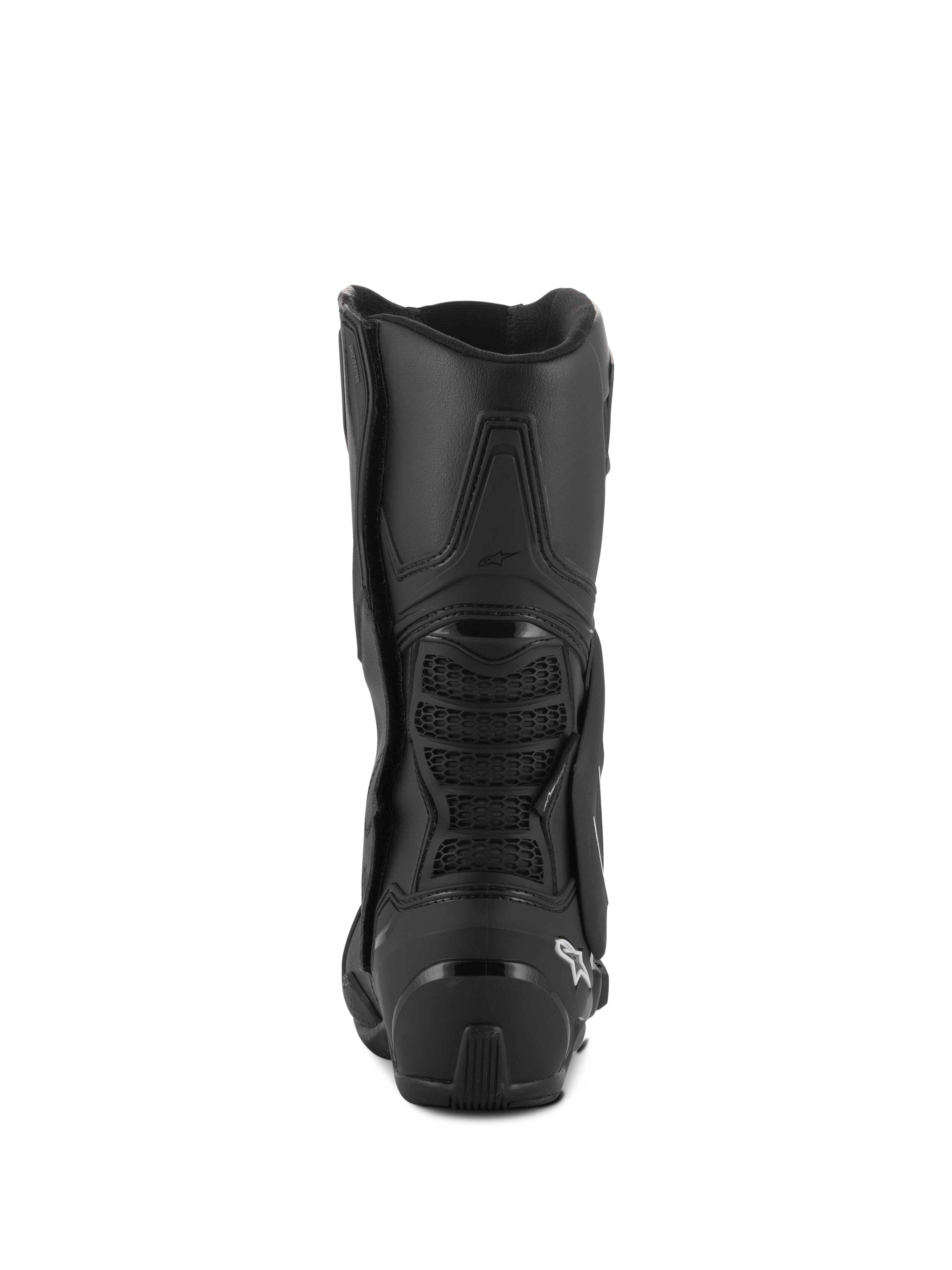 Alpinestars SMX-6 V3 Drystar® støvler, performance-kørselsstøvler, sort, set bagfra med TPU-hælbeskytter og bagerste læg-bro med mesh-detalje, hvidt logo på hælen