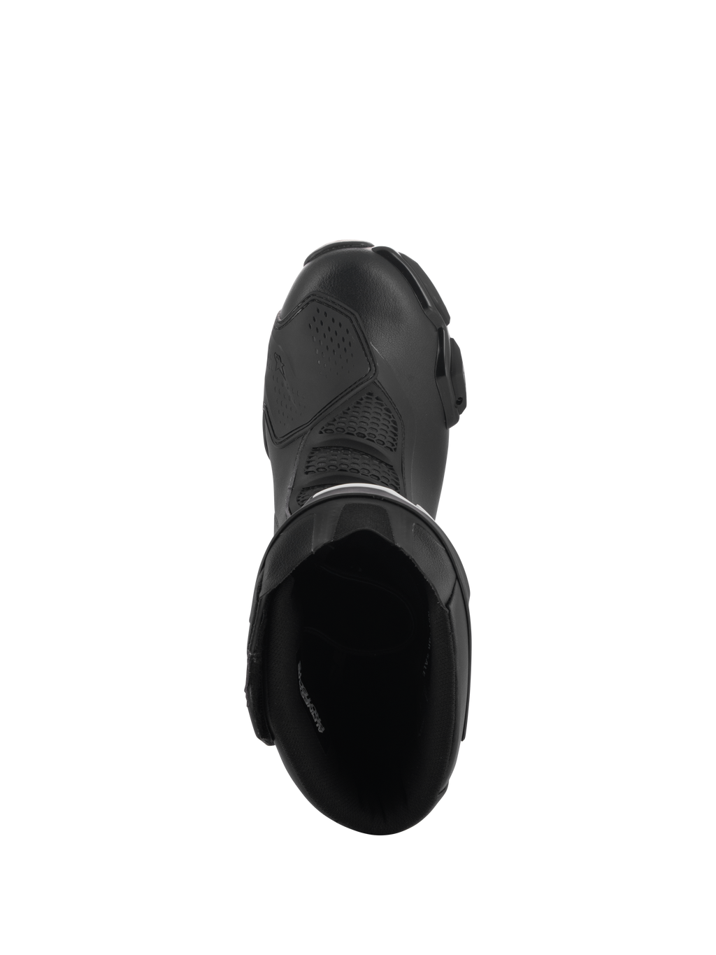 Alpinestars SMX-6 V3 Drystar® støvler, sort, set oppefra med kig ind i støvleåbningen, mikrofiber-overdel med TPU-gearskiftepude og indvendig foring, vandtætte sports- og gadekørselsstøvler