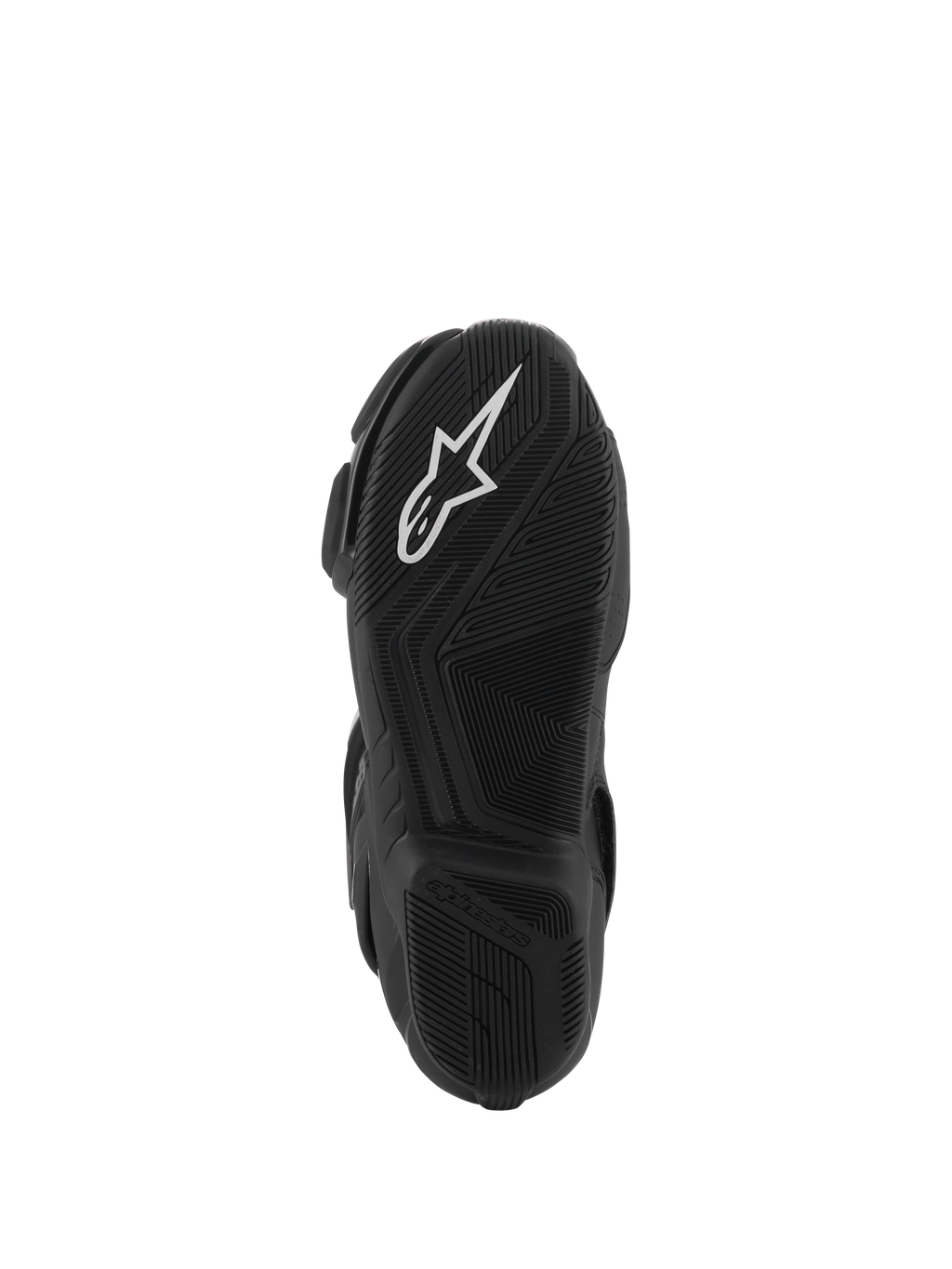 Alpinestars SMX-6 V3 Drystar® støvler, visning af sort gummisål, med et hvidt A-star logo på det forreste slidmønster og præget Alpinestars-branding på hælen, detaljeret tekstureret mønster for greb og ydeevne.