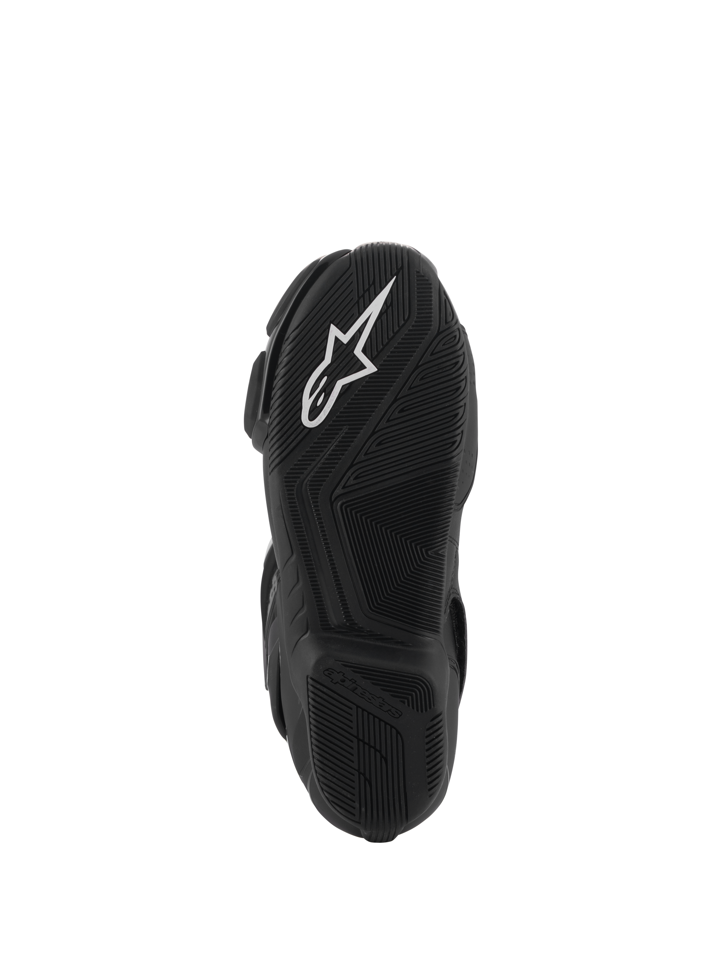 Alpinestars SMX-6 V3 Drystar® støvler, visning af sort gummisål, med et hvidt A-star logo på det forreste slidmønster og præget Alpinestars-branding på hælen, detaljeret tekstureret mønster for greb og ydeevne.