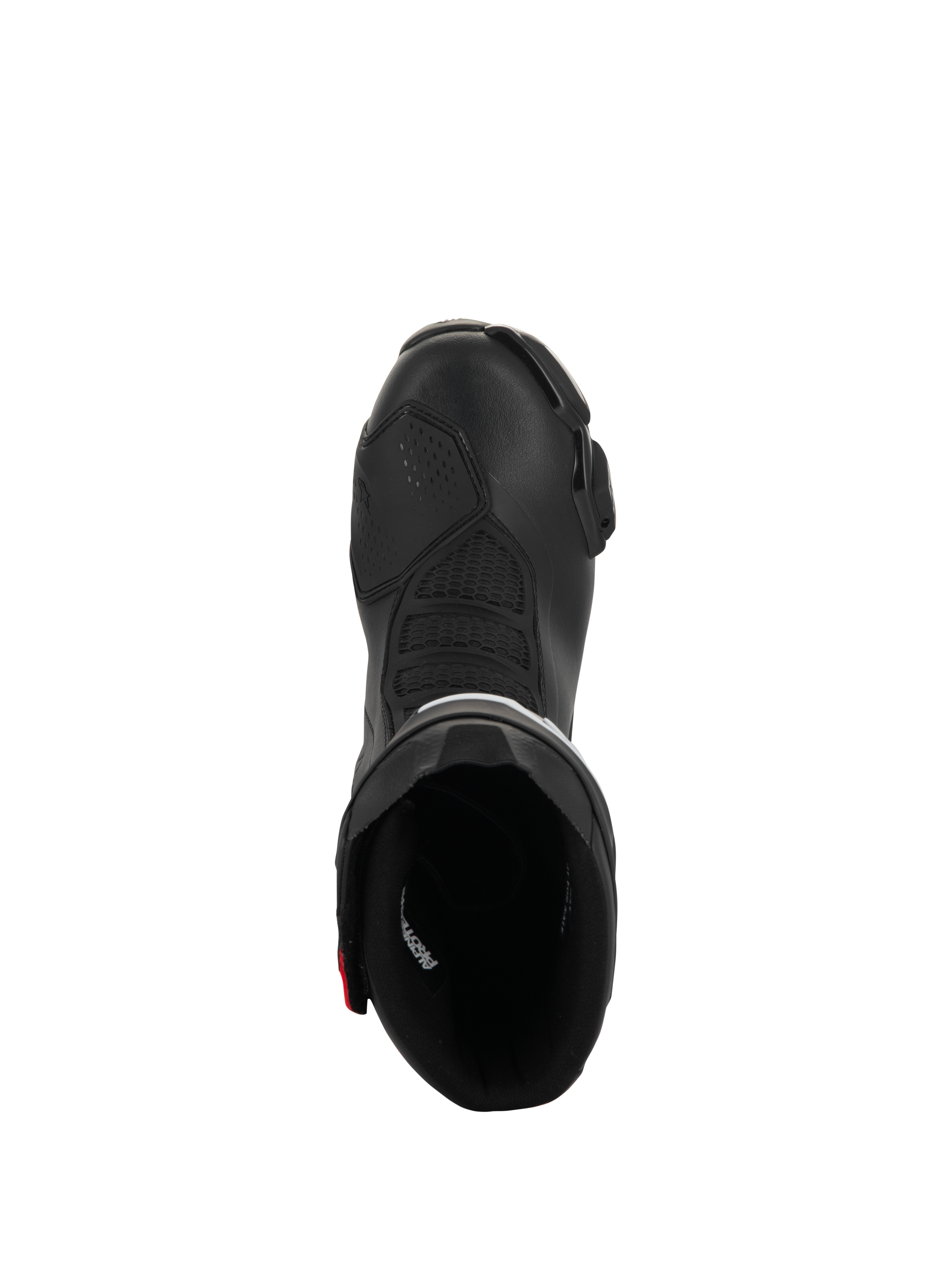 Alpinestars SMX-6 V3 Drystar Boots, Performance Motorcycle Boots, Black with red accents, top-down view looking into the boot opening, featuring textured flex zones and microfiber construction