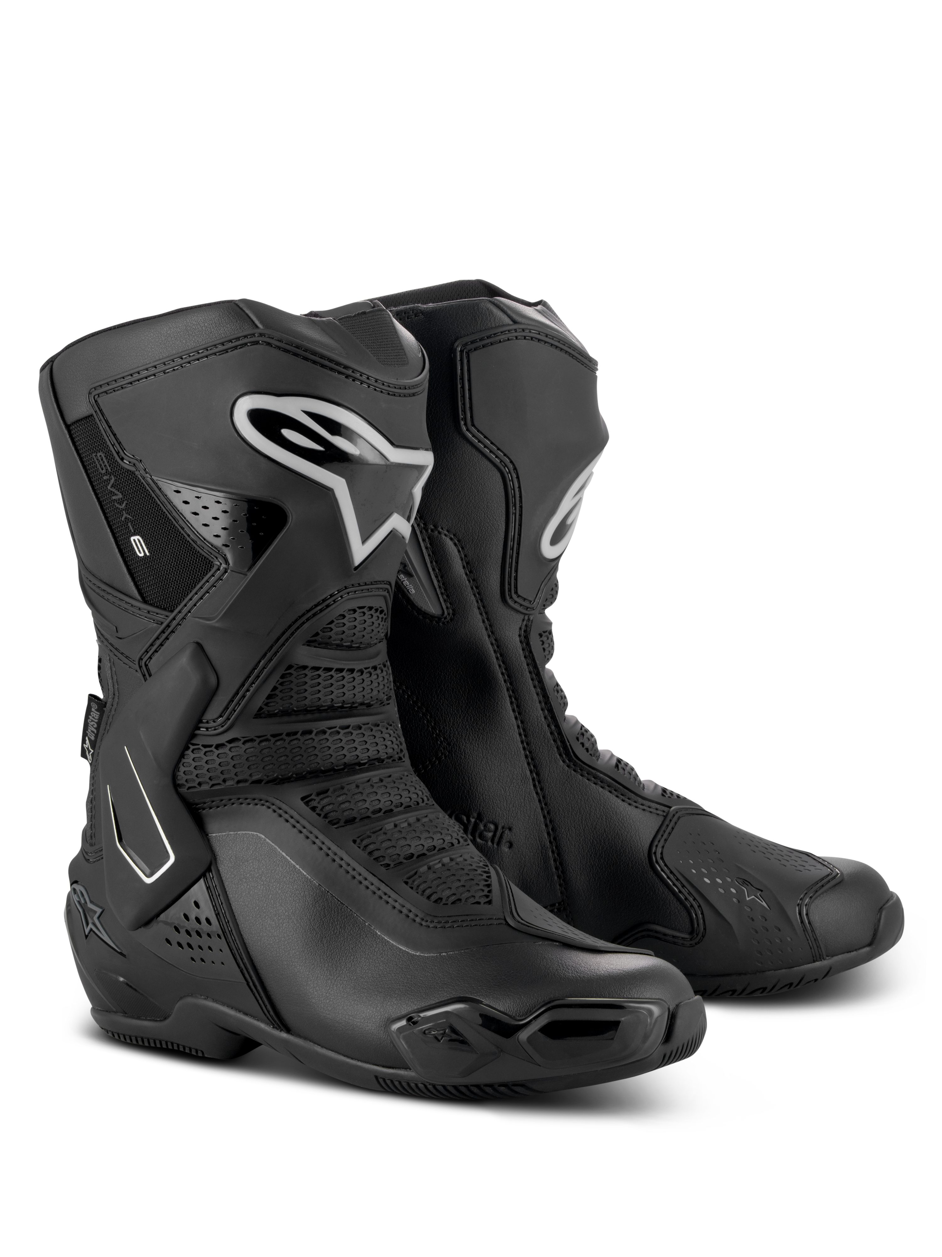 Alpinestars Stella SMX-6 V3 Drystar støvler, performance køreboots til kvinder, sort og sølv, vandtæt mikrofiber overdel med TPU-beskyttelse, race-afledt design til bane og gade