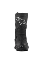 Alpinestars Stella SMX-6 V3 Drystar® støvler, motorcykelstøvler til damer, sort og sølv, set forfra med et fremtrædende hvidt Astar-logo på skinnebenspladen, avanceret mikrofiberkonstruktion med teksturerede beskyttelseszoner