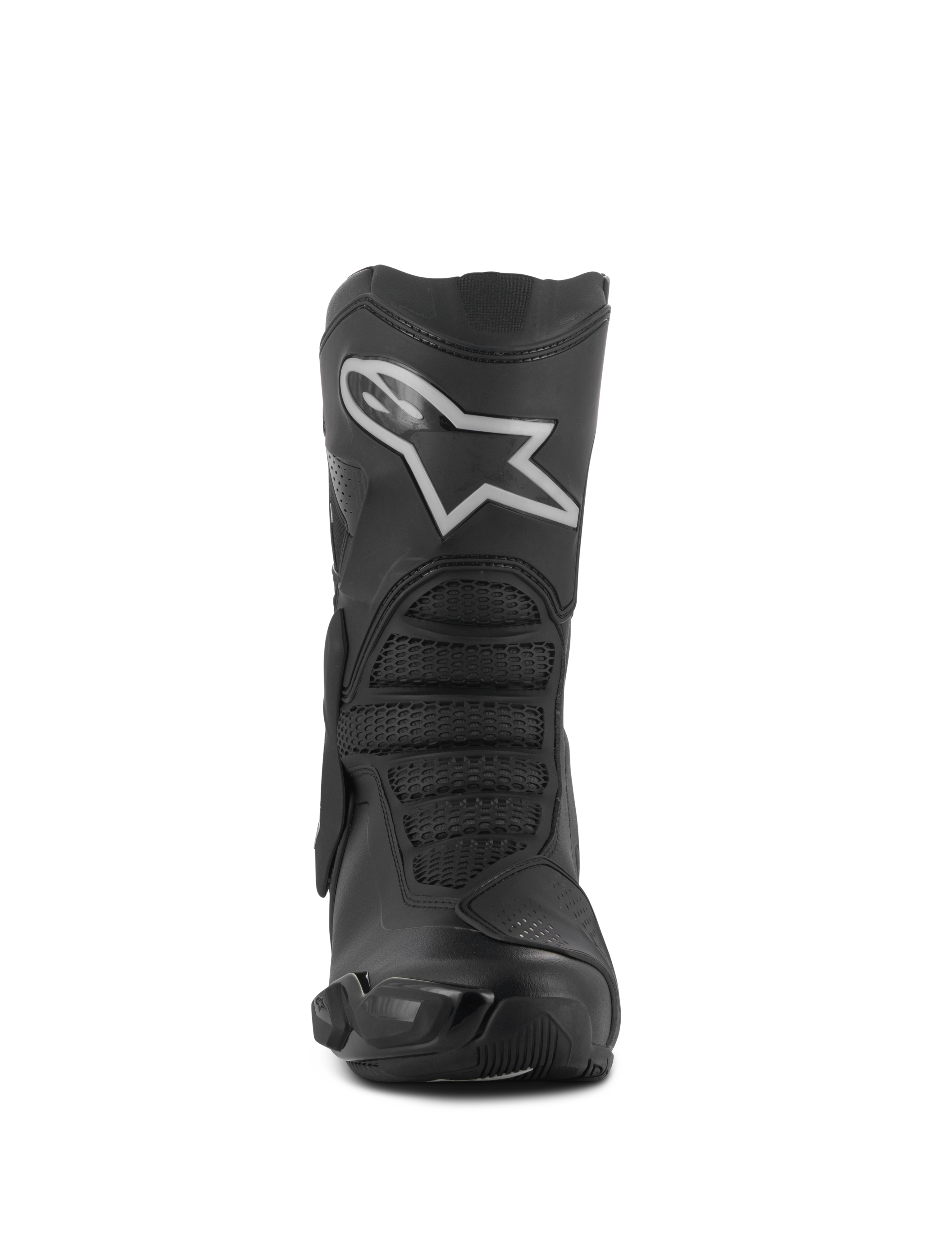 Alpinestars Stella SMX-6 V3 Drystar® støvler, motorcykelstøvler til damer, sort og sølv, set forfra med et fremtrædende hvidt Astar-logo på skinnebenspladen, avanceret mikrofiberkonstruktion med teksturerede beskyttelseszoner