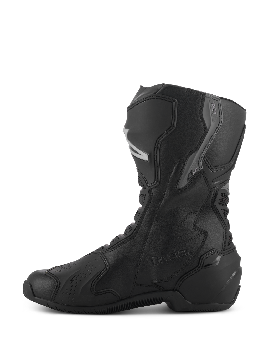 Alpinestars Stella SMX-6 V3 Drystar® støvler, vandtætte motorcykelstøvler til damer, sort og sølv, sideprofil med TPU-skinnebens- og ankelbeskyttelse, præget Drystar-logo, slidstærk mikrofiberkonstruktion til sports- og landevejskørsel