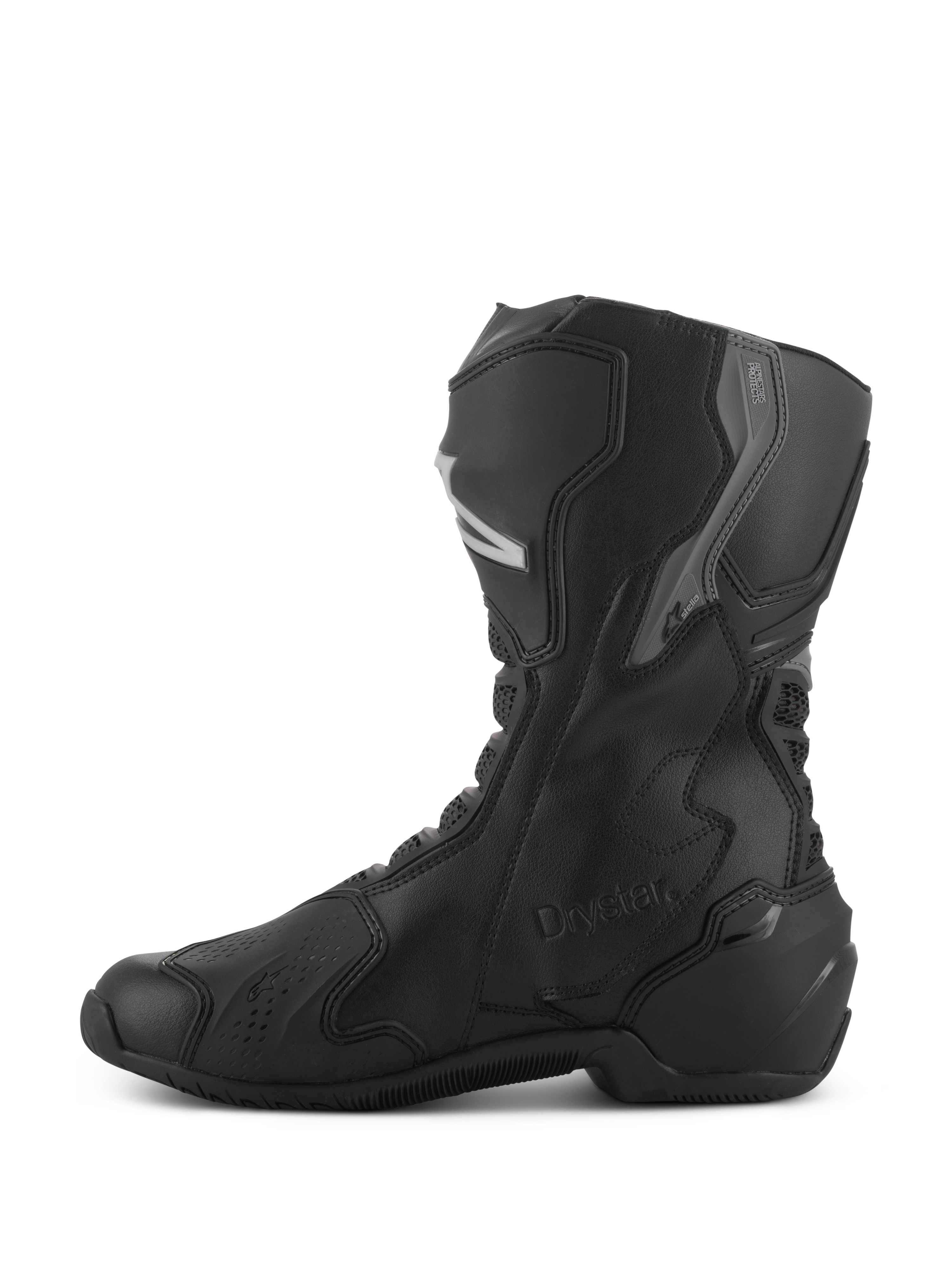 Alpinestars Stella SMX-6 V3 Drystar® støvler, vandtætte motorcykelstøvler til damer, sort og sølv, sideprofil med TPU-skinnebens- og ankelbeskyttelse, præget Drystar-logo, slidstærk mikrofiberkonstruktion til sports- og landevejskørsel