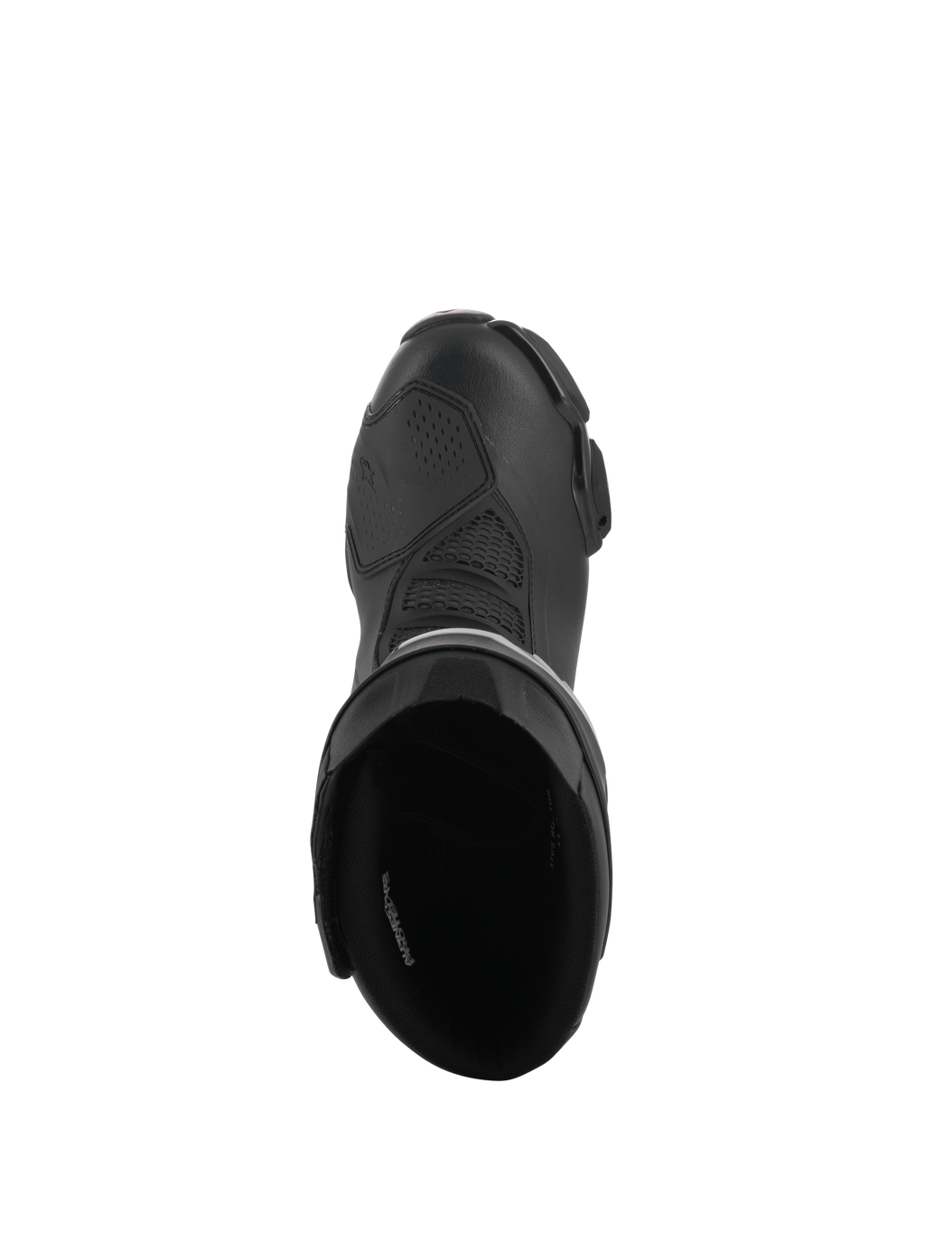 Alpinestars Stella SMX-6 V3 Drystar® støvler, performance-kørestøvler til damer, sort, set oppefra, der viser den polstrede indvendige åbning og den teksturerede mikrofiberoverdel med en beskyttende gearskiftepude