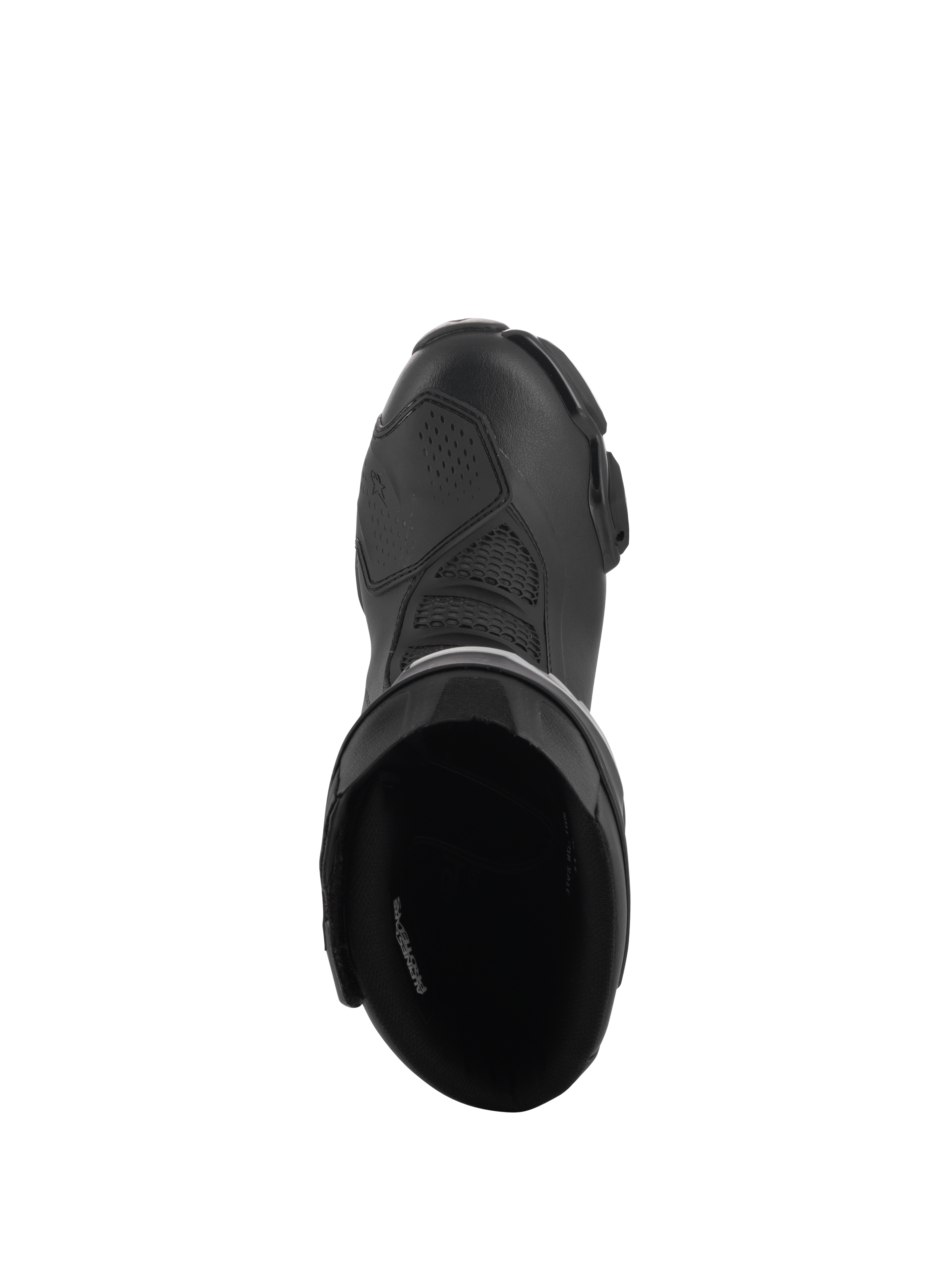 Alpinestars Stella SMX-6 V3 Drystar® støvler, performance-kørestøvler til damer, sort, set oppefra, der viser den polstrede indvendige åbning og den teksturerede mikrofiberoverdel med en beskyttende gearskiftepude