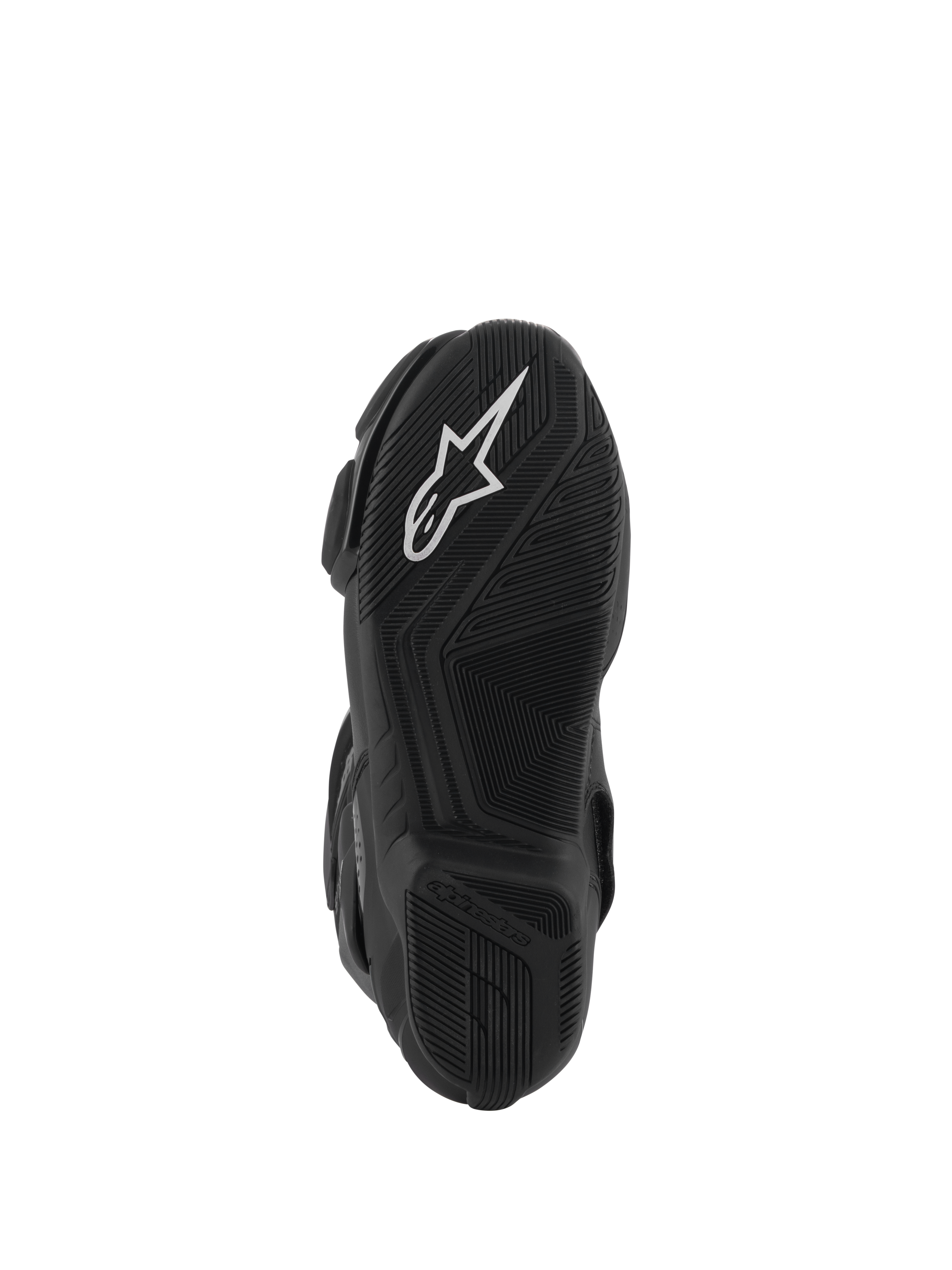 Alpinestars Stella SMX-6 V3 Drystar® støvler, bundvisning af den sorte gummisål med et fremtrædende hvidt Alpinestars-stjernelogo, tekstureret grebsmønster for optimal trækkraft og strømlinet design til kontrol over motorcyklen.