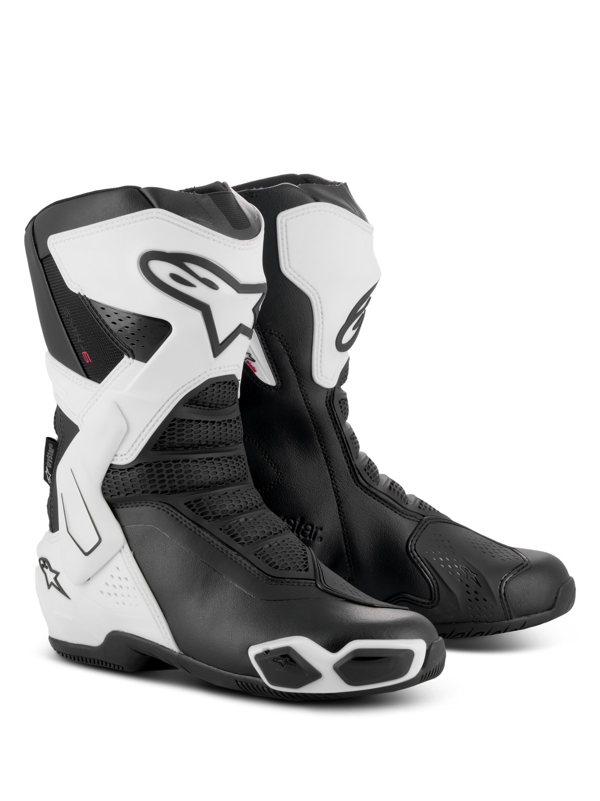 Alpinestars Stella SMX-6 V3 Drystar® støvler, performance-kørestøvler til damer, hvid og sort, med beskyttende TPU-skinnebensplader, laterale ankelstøtter og integrerede slidere, sportsligt design med markant Alpinestars-logo og mesh-detaljer