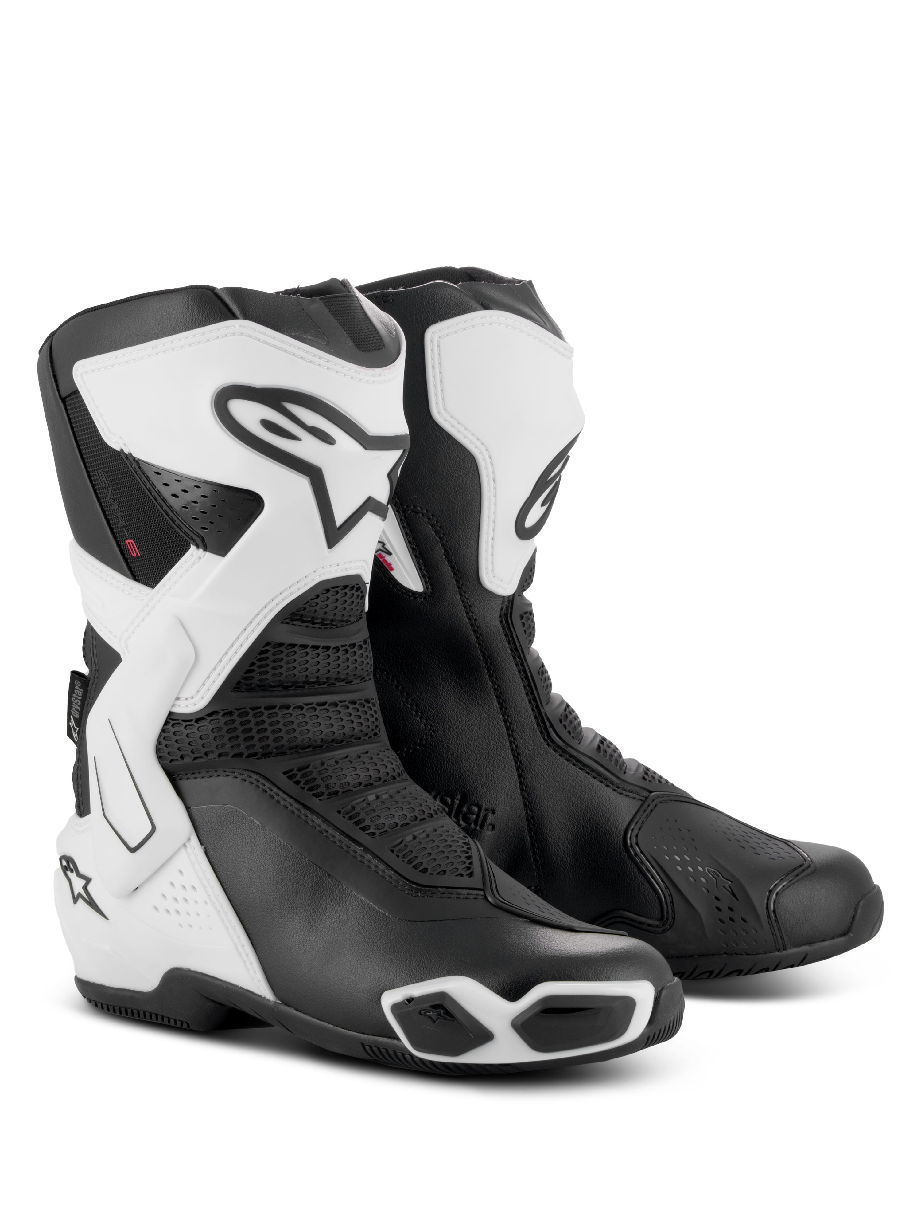 Alpinestars Stella SMX-6 V3 Drystar® støvler, performance-kørestøvler til damer, hvid og sort, med beskyttende TPU-skinnebensplader, laterale ankelstøtter og integrerede slidere, sportsligt design med markant Alpinestars-logo og mesh-detaljer