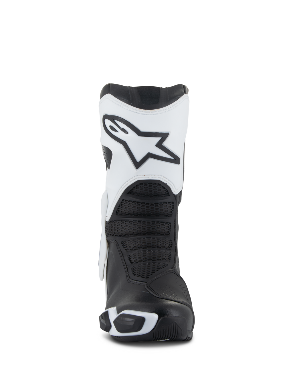 Alpinestars Stella SMX-6 V3 Drystar® støvler, motorcykelstøvler til damer, hvid og sort, frontvisning der viser den hvide skinnebensplade med Astars-logoet, sorte teksturerede flekszoner og beskyttende TPU-elementer til højpræstationskørsel.