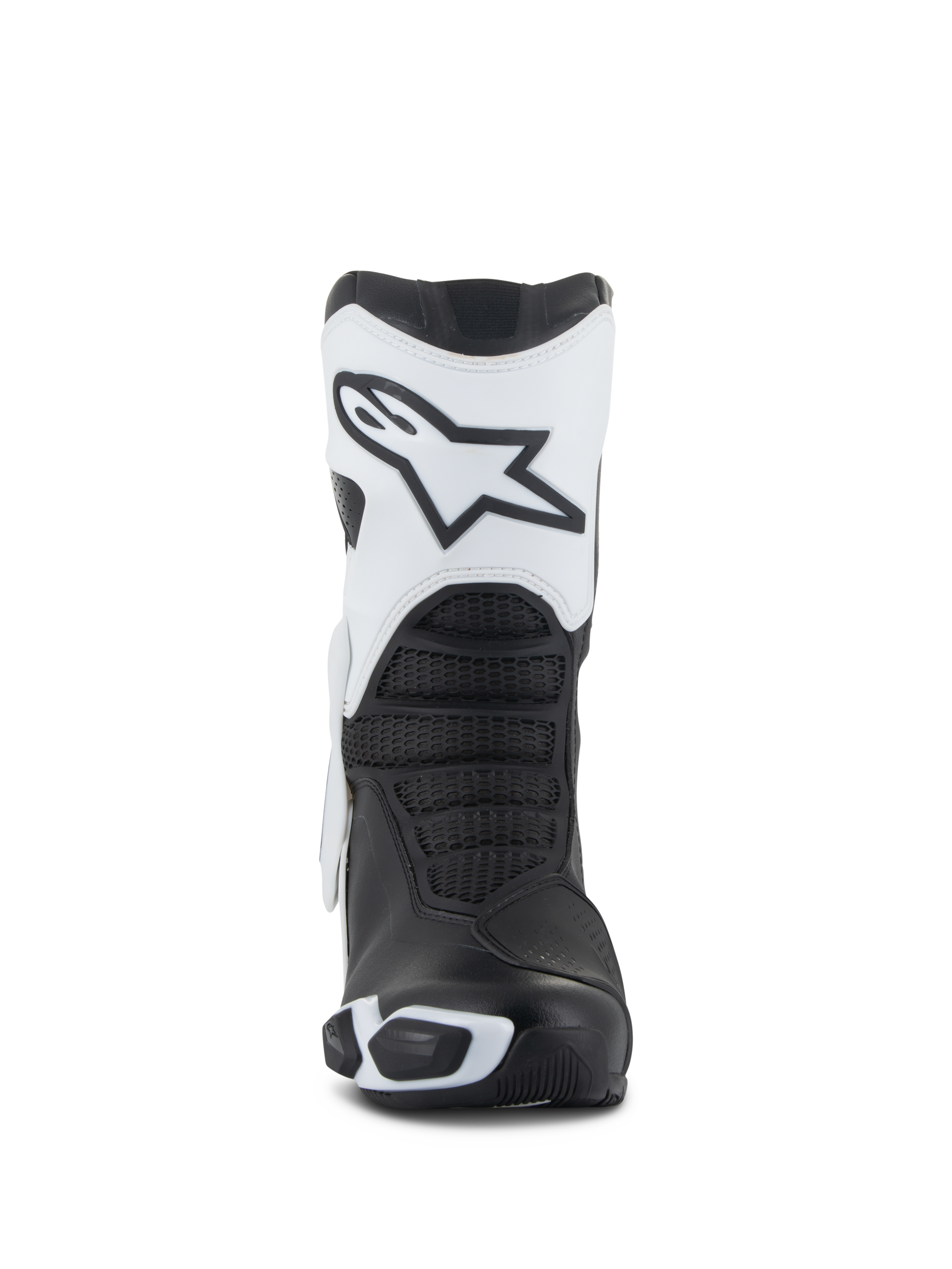 Alpinestars Stella SMX-6 V3 Drystar® støvler, motorcykelstøvler til damer, hvid og sort, frontvisning der viser den hvide skinnebensplade med Astars-logoet, sorte teksturerede flekszoner og beskyttende TPU-elementer til højpræstationskørsel.