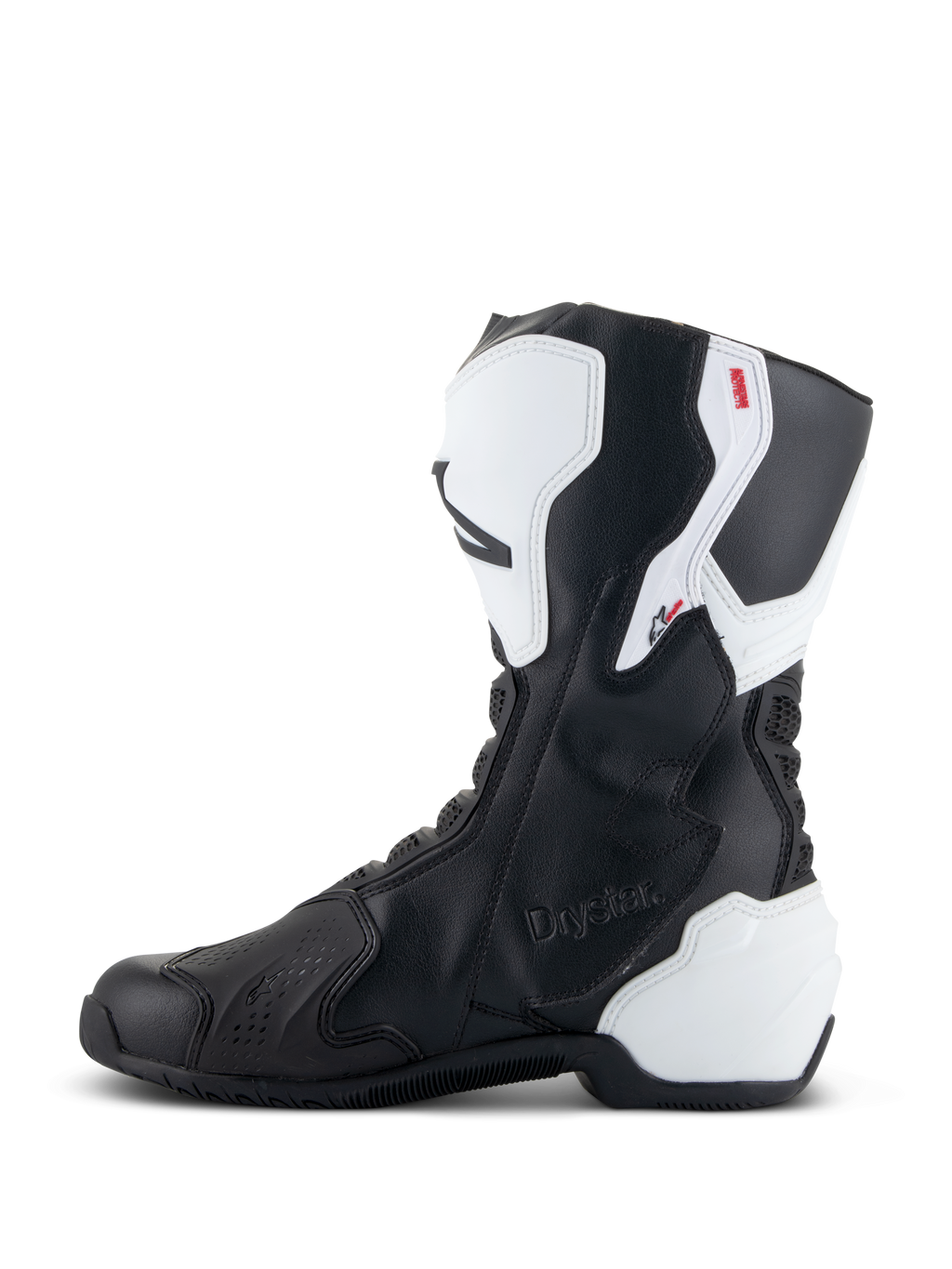 Alpinestars Stella SMX-6 V3 Drystar® støvler, performance-kørestøvler til kvinder, hvid og sort, set fra indersiden med præget Drystar-branding, hvid TPU-skinnebens- og hælbeskyttelse og strømlinet sort mikrofiber-overdel til kørsel på bane og vej.
