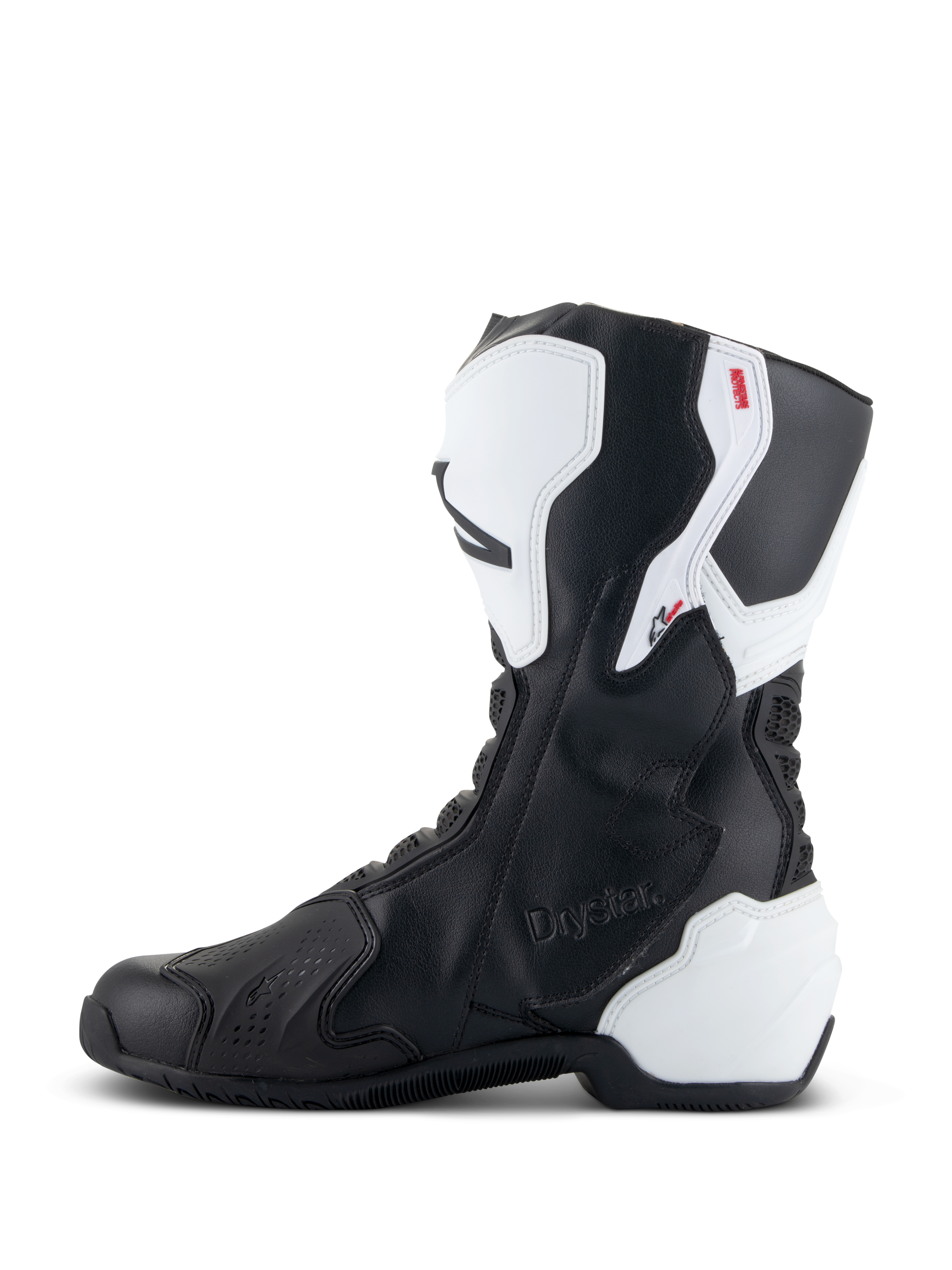 Alpinestars Stella SMX-6 V3 Drystar® støvler, performance-kørestøvler til kvinder, hvid og sort, set fra indersiden med præget Drystar-branding, hvid TPU-skinnebens- og hælbeskyttelse og strømlinet sort mikrofiber-overdel til kørsel på bane og vej.