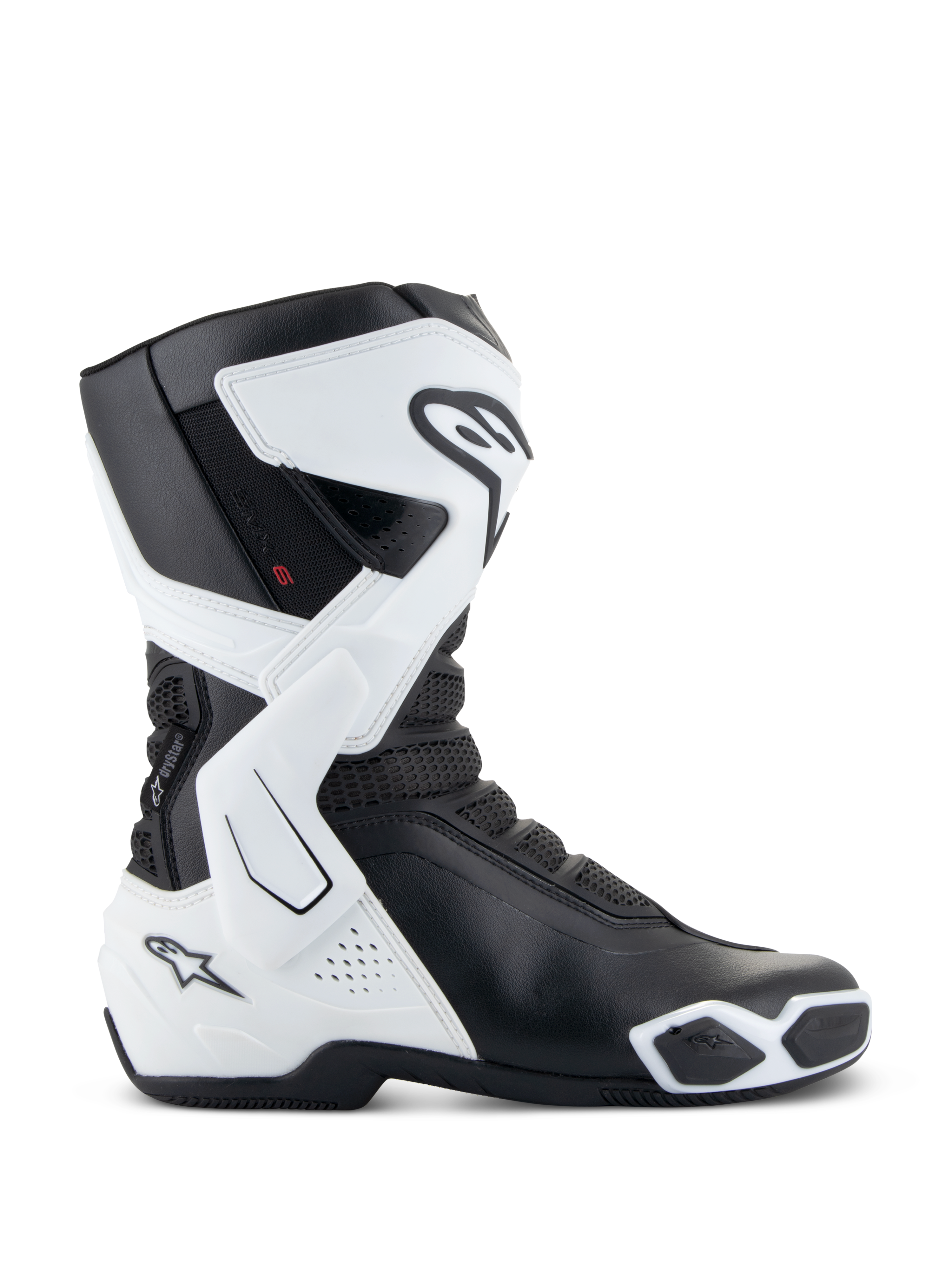 Alpinestars Stella SMX-6 V3 Drystar® støvler, dame motorcykelstøvler, hvid og sort, sidevisning med vandtæt Drystar®-teknologi, TPU skinnebens- og ankelbeskyttelse, fleksible mesh-zoner og ergonomisk sportskørselsdesign