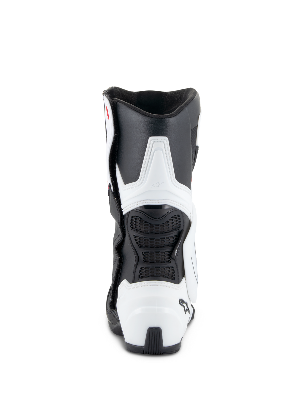 Alpinestars Stella SMX-6 V3 Drystar® støvler, motorcykelstøvler til damer, hvid og sort, set bagfra med TPU-læg- og hælbeskyttelse, fleksible sorte mesh-paneler og ergonomisk race-afledt design.