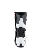 Alpinestars Stella SMX-6 V3 Drystar® støvler, motorcykelstøvler til damer, hvid og sort, set bagfra med TPU-læg- og hælbeskyttelse, fleksible sorte mesh-paneler og ergonomisk race-afledt design.