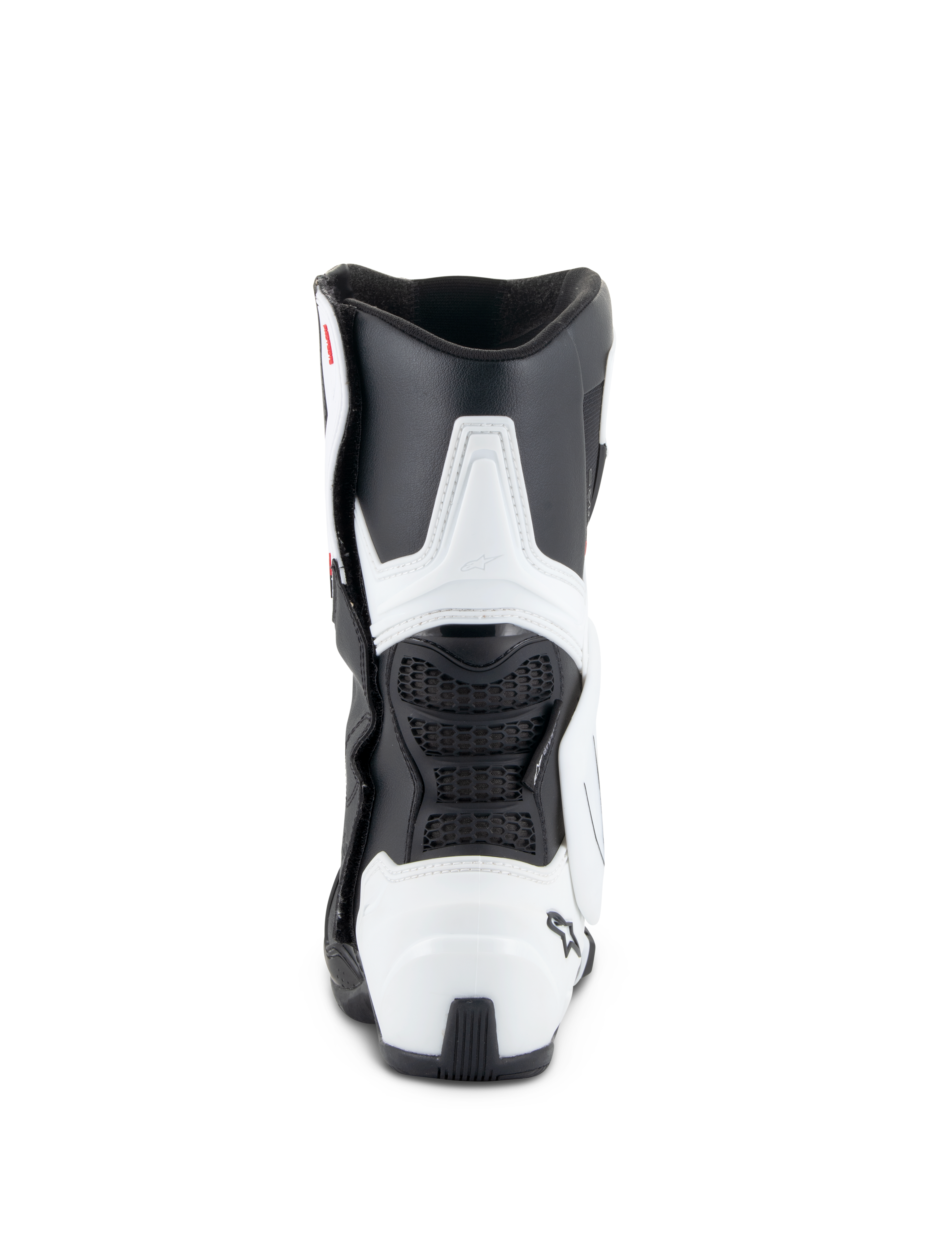 Alpinestars Stella SMX-6 V3 Drystar® støvler, motorcykelstøvler til damer, hvid og sort, set bagfra med TPU-læg- og hælbeskyttelse, fleksible sorte mesh-paneler og ergonomisk race-afledt design.