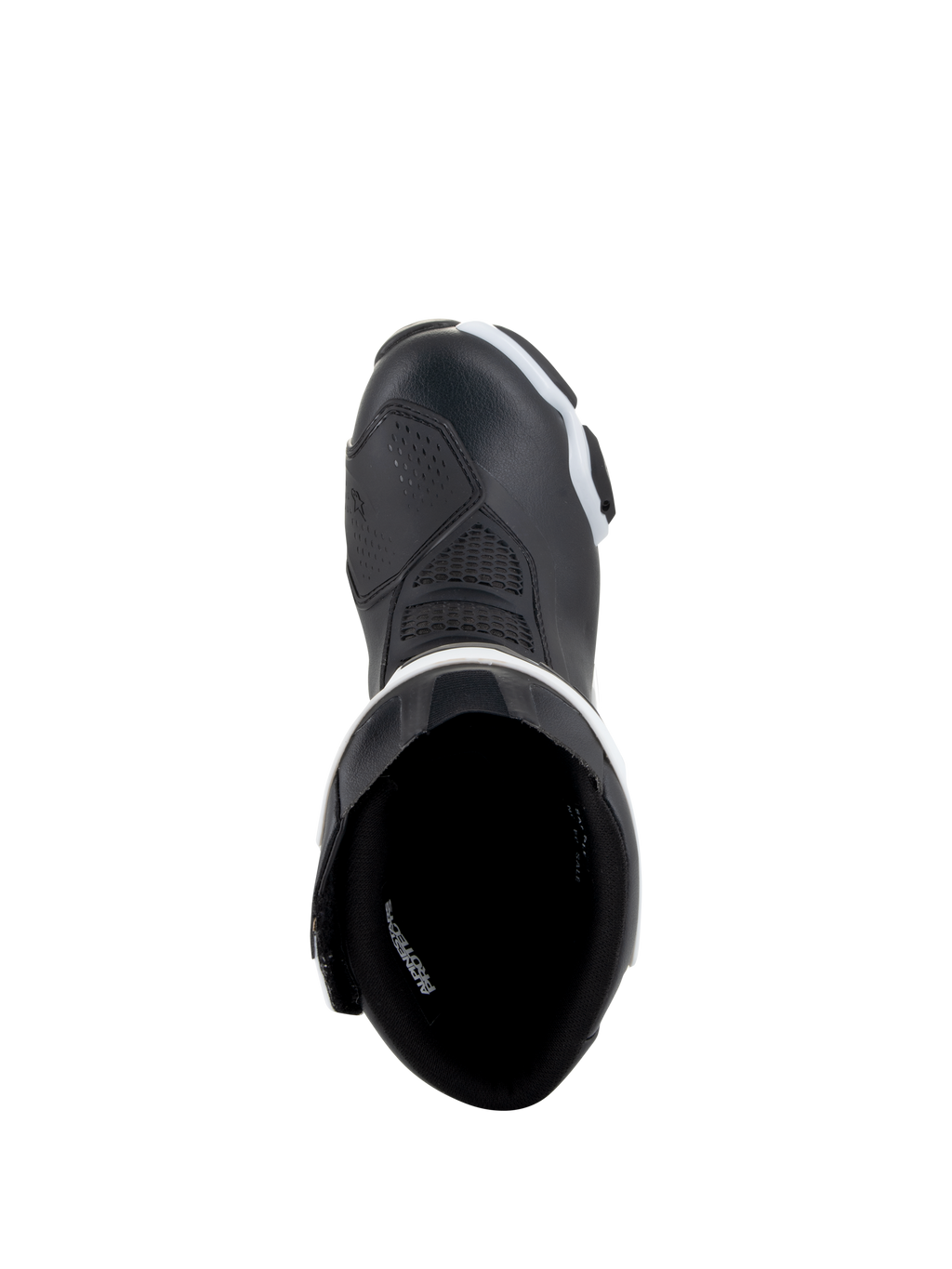 Alpinestars Stella SMX-6 V3 Drystar® støvler, motorcykelstøvler til kvinder, sort og hvid, set ovenfra med visning af indvendig foring og forstærket tå, vandtæt mikrofiberkonstruktion til bane- og gadekørsel