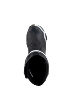Alpinestars Stella SMX-6 V3 Drystar® støvler, motorcykelstøvler til kvinder, sort og hvid, set ovenfra med visning af indvendig foring og forstærket tå, vandtæt mikrofiberkonstruktion til bane- og gadekørsel