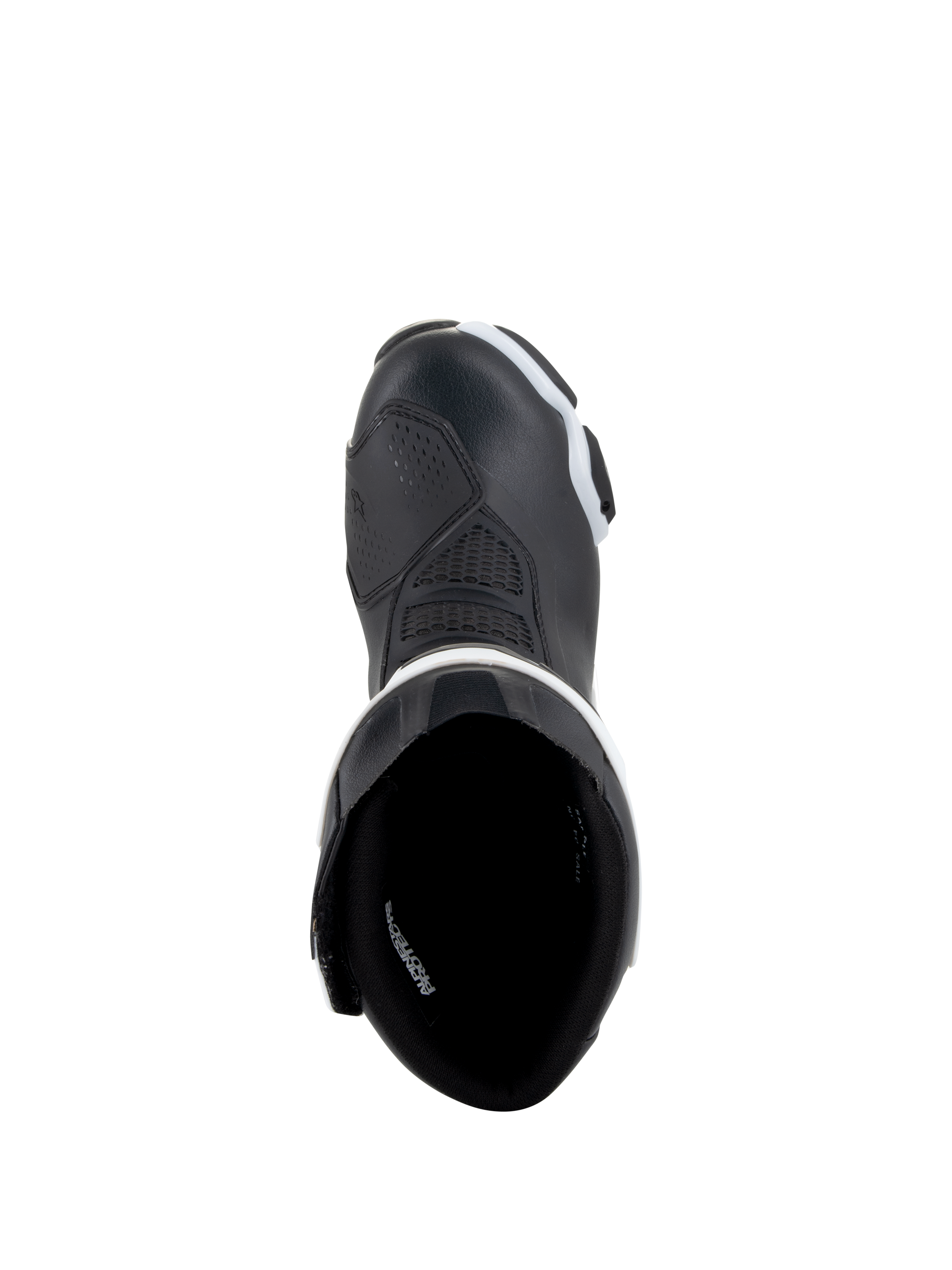 Alpinestars Stella SMX-6 V3 Drystar® støvler, motorcykelstøvler til kvinder, sort og hvid, set ovenfra med visning af indvendig foring og forstærket tå, vandtæt mikrofiberkonstruktion til bane- og gadekørsel
