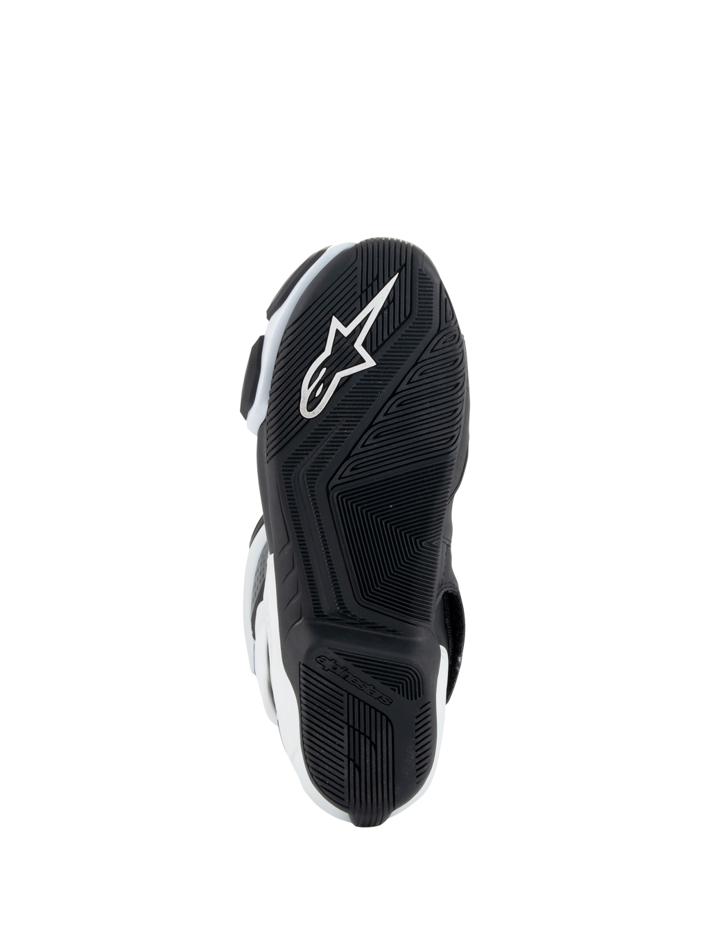 Alpinestars Stella SMX-6 V3 Drystar® støvler, motorcykelstøvler til damer, hvid og sort, sålvisning med sort gummiydersål, tekstureret grebsmønster, integreret hvidt Alpinestars stjernelogo og branding på hælen