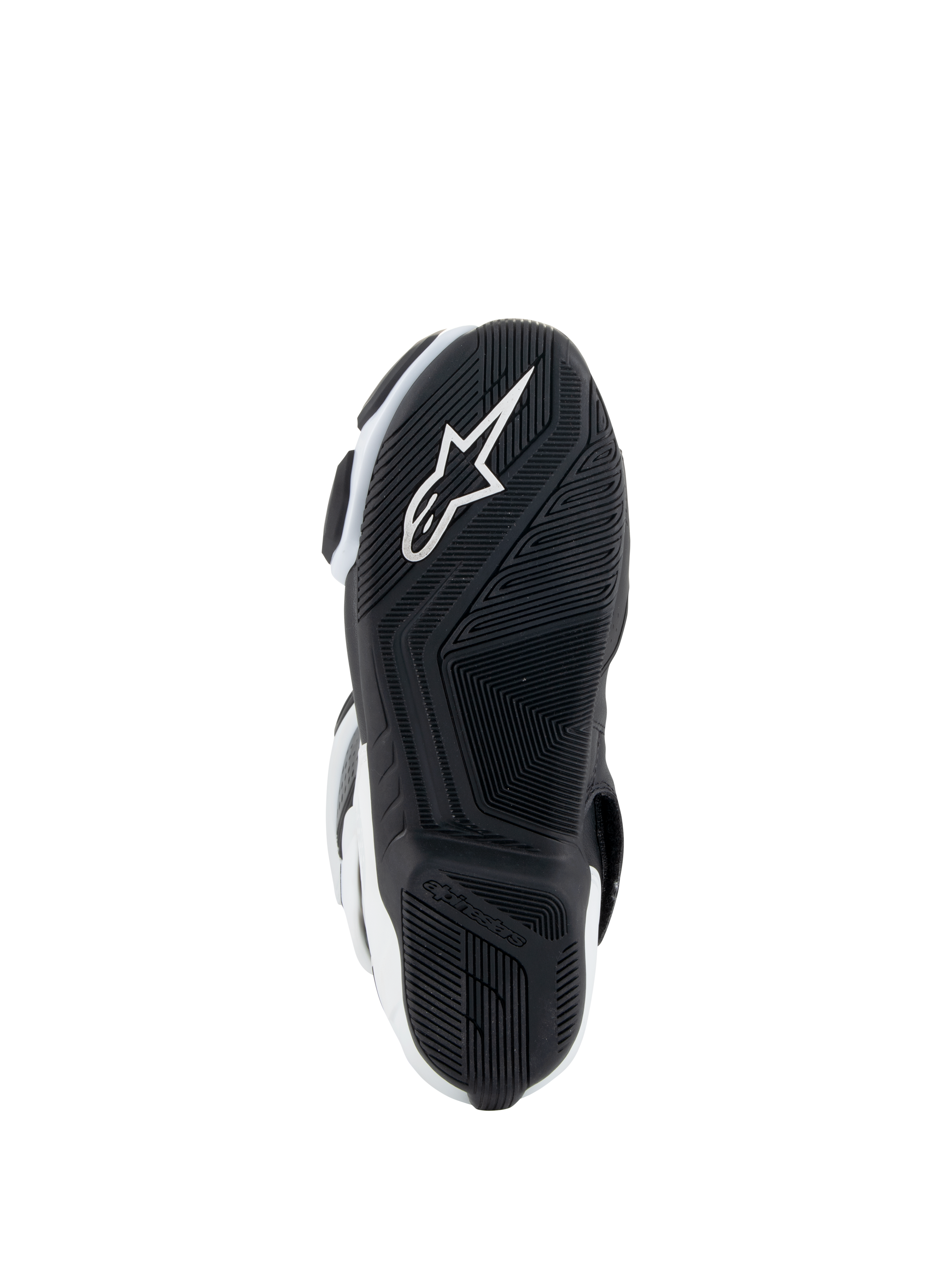 Alpinestars Stella SMX-6 V3 Drystar® støvler, motorcykelstøvler til damer, hvid og sort, sålvisning med sort gummiydersål, tekstureret grebsmønster, integreret hvidt Alpinestars stjernelogo og branding på hælen