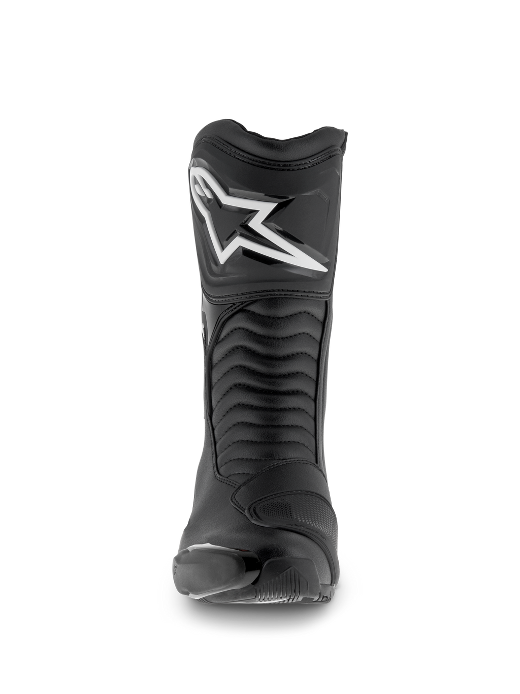 Alpinestars SMX S Waterproof-støvler, motorcykelstøvler, sort, set forfra med det hvide Astar-logo på skinnebenspladen, harmonika-flexpaneler og holdbar mikrofiberkonstruktion til sportstouring.
