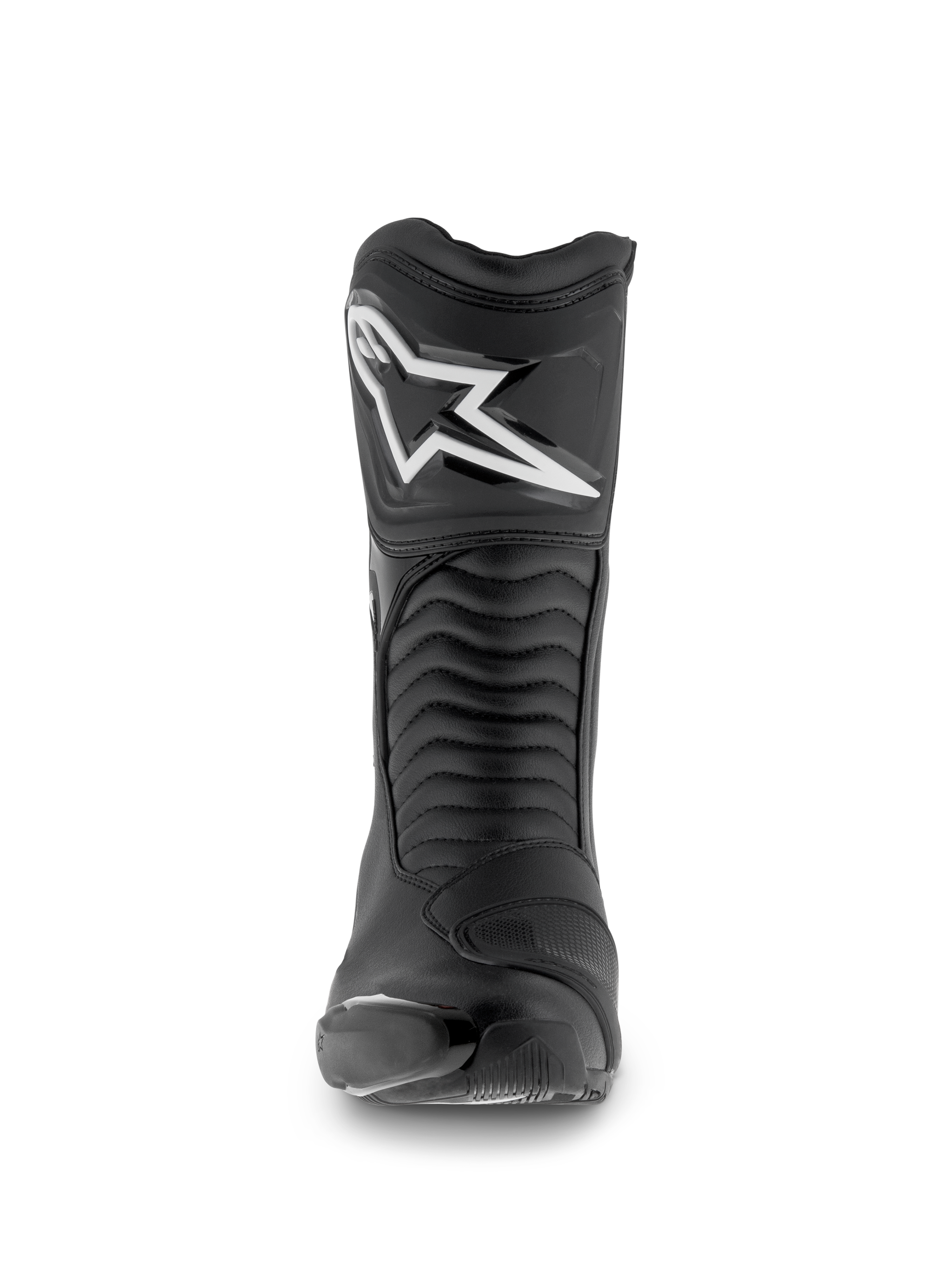 Alpinestars SMX S Waterproof-støvler, motorcykelstøvler, sort, set forfra med det hvide Astar-logo på skinnebenspladen, harmonika-flexpaneler og holdbar mikrofiberkonstruktion til sportstouring.
