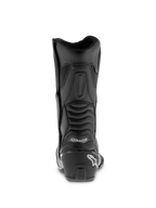 Alpinestars SMX S Waterproof-støvler, sorte motorcykelstøvler, set bagfra med forstærket hælkappe og hvidt logo, ribbede harmonika-flexpaneler for ankelmobilitet, holdbar mikrofiberkonstruktion til sport-touring.